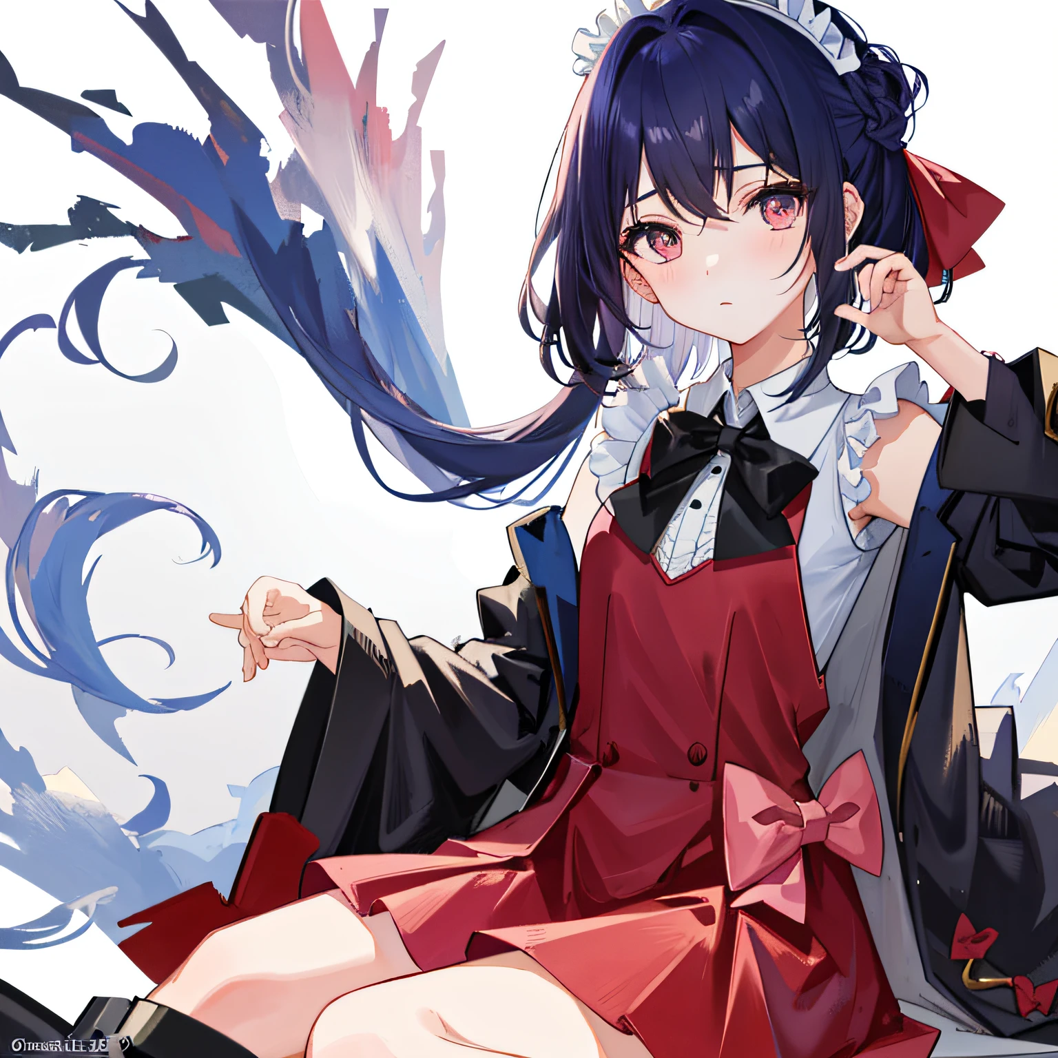 Tsundere、quadratic element、Small li、with short black hair、Bright eyes、Small round face、upturned eyebrows、Fair and smooth skin。 Sweet、Lolita style、Puffy skirt、Lace、Bow knot、The color is bright、Cute style、In pink、blue colors、red colour、lace legwear、tigh-high boots、Cute accessories、Bow hairpins、neck chain、bangle、school ground、Anime Carnival。Falling streamers and debris，a sense of atmosphere。absurderes, A high resolution, Ultra detailed, elegant flourishes, and a sense of craftsmanship and skill,。Anime girl in maid costume sitting on a branch, Beautiful anime girl, seductive anime girls, cute anime waifu in a nice dress, pretty anime girl, attractive anime girls, Cute anime girl, beautiful and seductive anime woman, (Anime girl), Anime girl, Kawasi, Guweiz in Pixiv ArtStation, Extremely detailed Artgerm