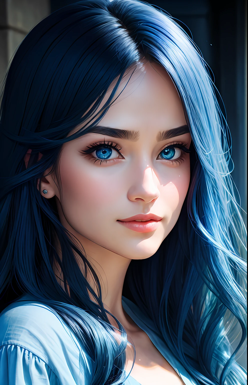 animesque、portraitures、One Person20age、Pretty Woman、Moisturized eyes、Casual clothing、a picture、oval jaw、beautiful countenance、The hair、Blue eyes with a beautiful glow,,、LDS Art