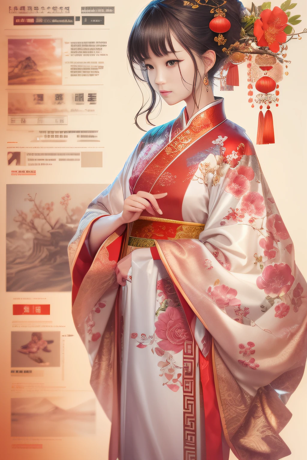 （China - chic Chinese girl，anatomy correct，Oriental elements），（China - fashion illustration：1.5，Vector painting：1.5），（Chinese colors，senior color matching，gradient backgrounds，white backgrounid），（The is very detailed，reasonable design，Clear lines，High- sharpness，best qualtiy，tmasterpiece，offcial art，movie light effect，4K）