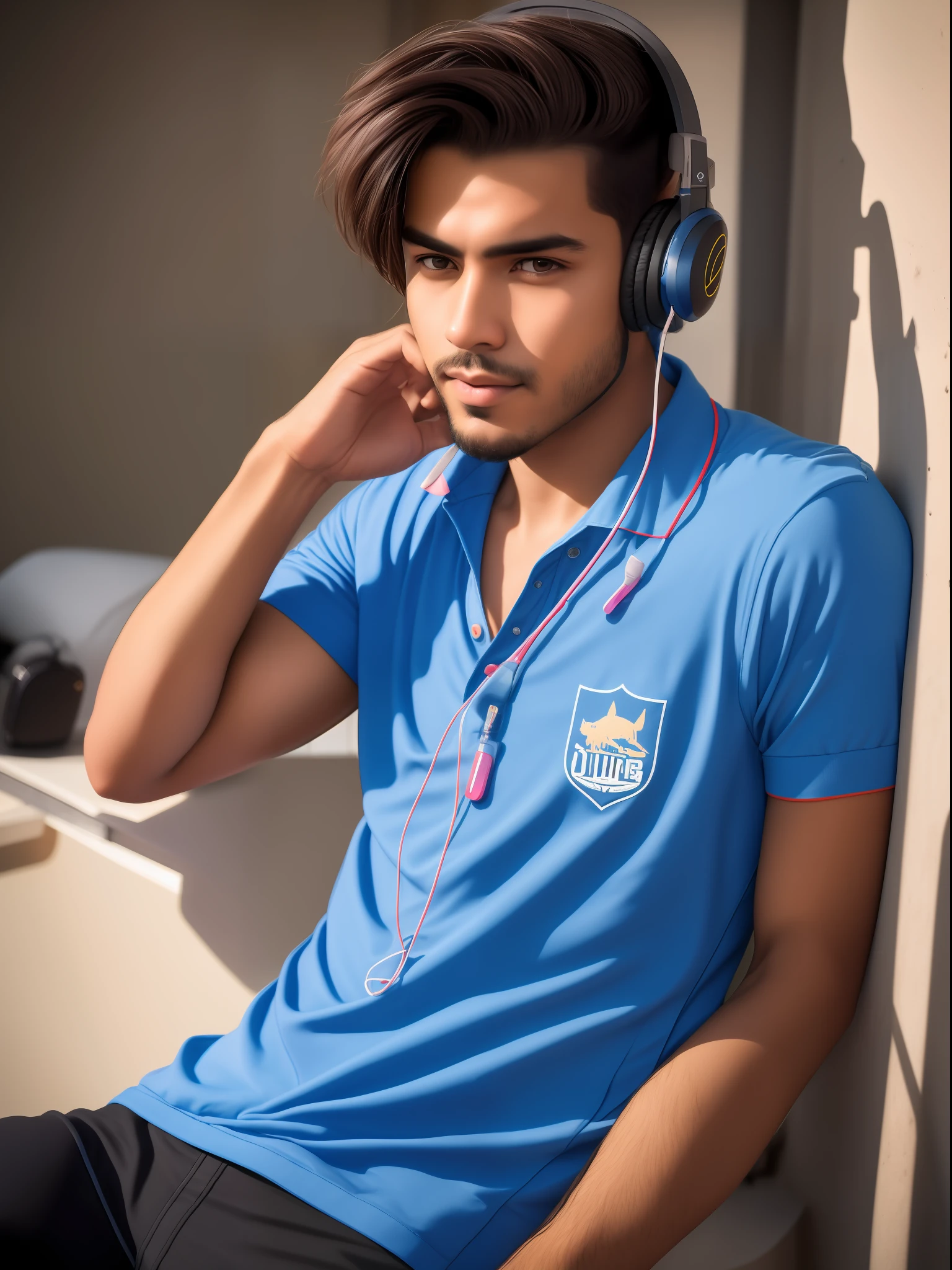 retrato de um jovem, de 20 anos, vestindo um terno ((com headset gamer, estilo streamer, Camisa polo,)), sentado em uma cadeira gamer, em um quarto estilo gamer, personagem de streamer gamer, Autorretrato realista, 8k UHD, DSLR, grain of film, Pintura fotorrealista, Arte MidJourney,