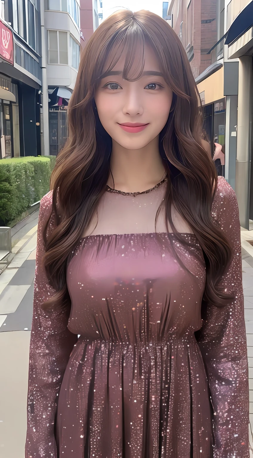 ((top-quality、8K、​masterpiece:1.3))、1girl in、A smile、full body Esbian、Slim Faces、Pretty women、(dark brown  hair)、Full-length dresses:1.1、hyperdetailed face、A detailed eye、二重まぶた、blured background、Slim Faces、城市、takeout、a street、With bangs、Curly hair