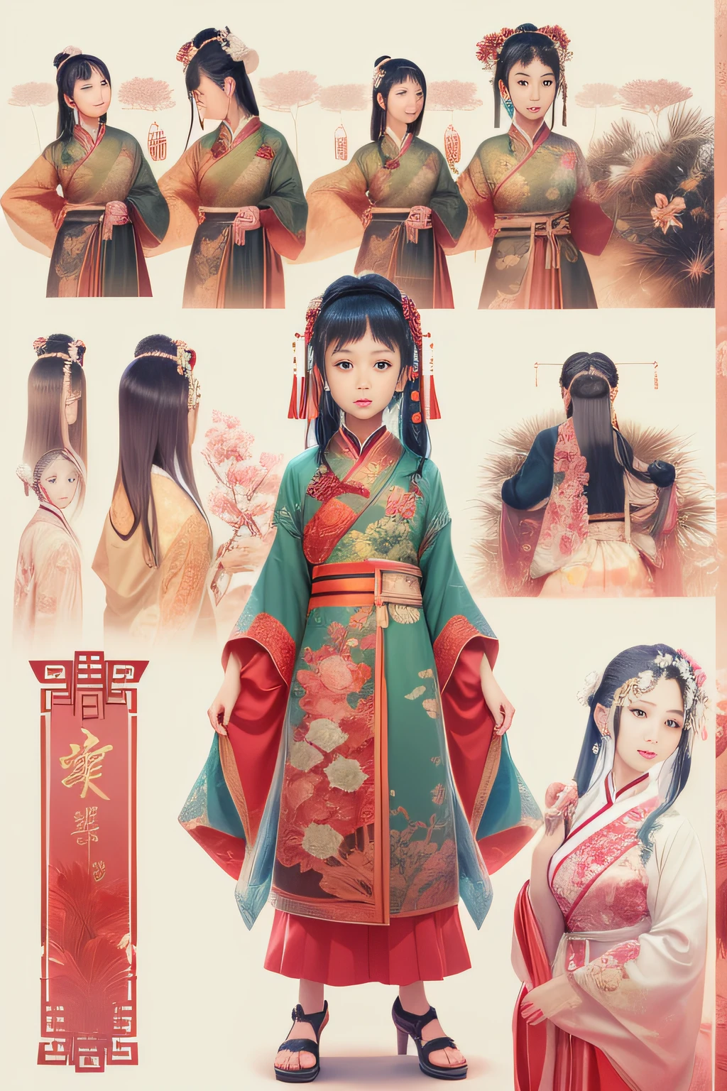 （China - chic Chinese girl，anatomy correct，Oriental elements），（China - fashion illustration：1.5，Vector painting：1.5），（Chinese colors，senior color matching，gradient backgrounds，white backgrounid），（The is very detailed，reasonable design，Clear lines，High- sharpness，best qualtiy，tmasterpiece，offcial art，movie light effect，4K）