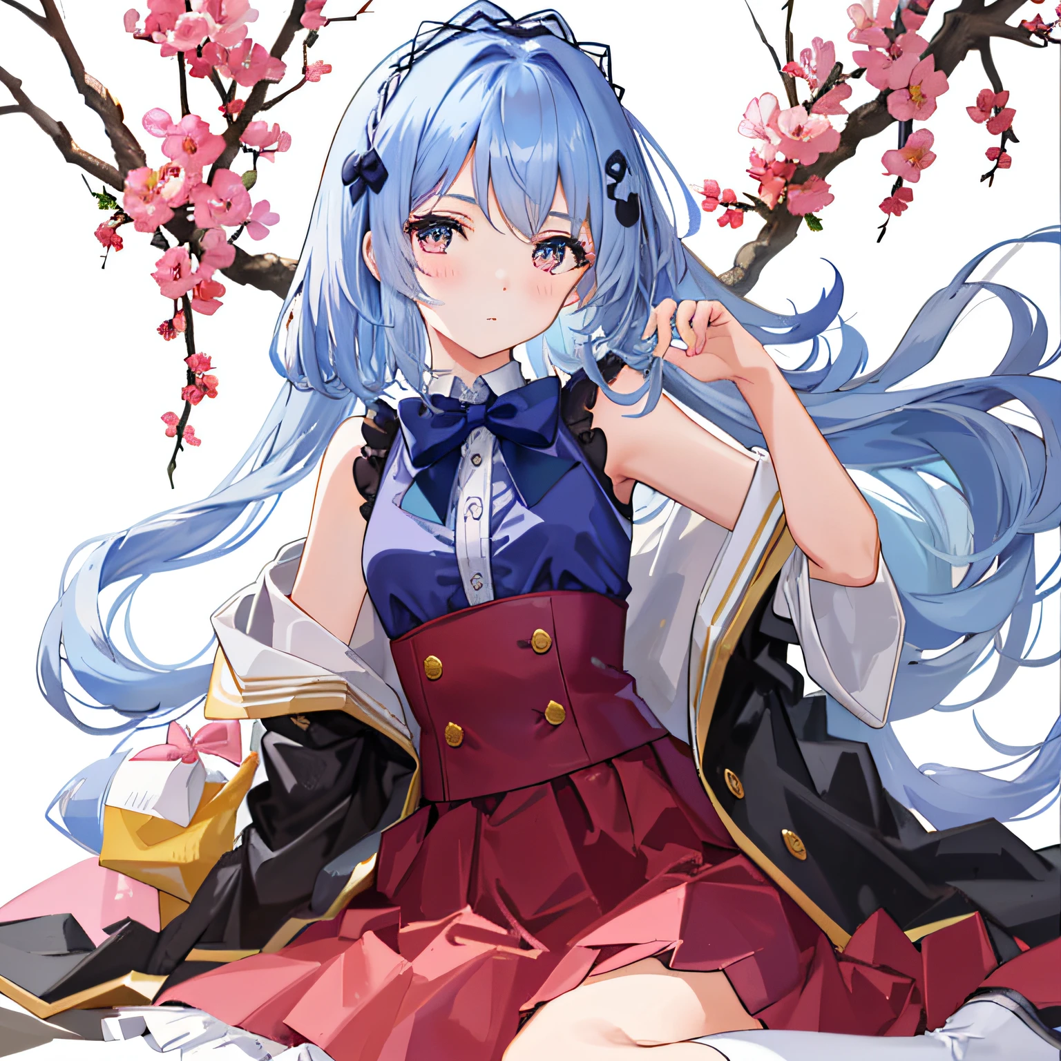Tsundere、quadratic element、Small loli、with short black hair、Bright eyes、Small round face、upturned eyebrows、Fair and smooth skin。 Sweet、Lolita style、Puffy skirt、Lace、Bow knot、The color is bright、Cute style、In pink、blue colors、red colour、lace legwear、tigh-high boots、Cute accessories、Bow hairpins、neck chain、bangle、school ground、Anime Carnival。Falling streamers and debris，a sense of atmosphere。absurderes, A high resolution, Ultra detailed, elegant flourishes, and a sense of craftsmanship and skill,。Anime girl in maid costume sitting on a branch, Beautiful anime girl, seductive anime girls, cute anime waifu in a nice dress, pretty anime girl, attractive anime girls, Cute anime girl, beautiful and seductive anime woman, (Anime girl), Anime girl, Kawasi, Guweiz in Pixiv ArtStation, Extremely detailed Artgerm