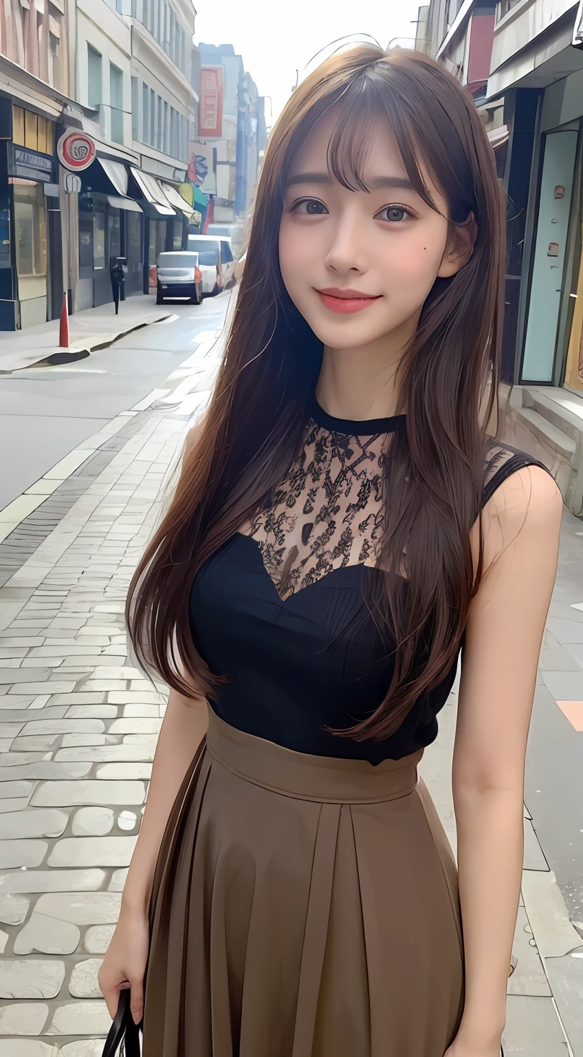 ((top-quality、8K、masterpiece:1.3))、1girl in、A smile、full body Esbian、Slim Faces、Pretty women、(dark brown hair)、Full-length dresses:1.1、hyperdetailed face、A detailed eye、二重まぶた、blured background、Slim Faces、城市、takeout、a street、With bangs、Curly hair