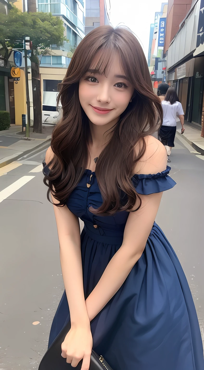 ((top-quality、8K、masterpiece:1.3))、1girl in、A smile、full body Esbian、Slim Faces、Pretty women、(dark brown hair)、Full-length dresses:1.1、hyperdetailed face、A detailed eye、二重まぶた、blured background、Slim Faces、城市、takeout、a street、With bangs、Curly hair