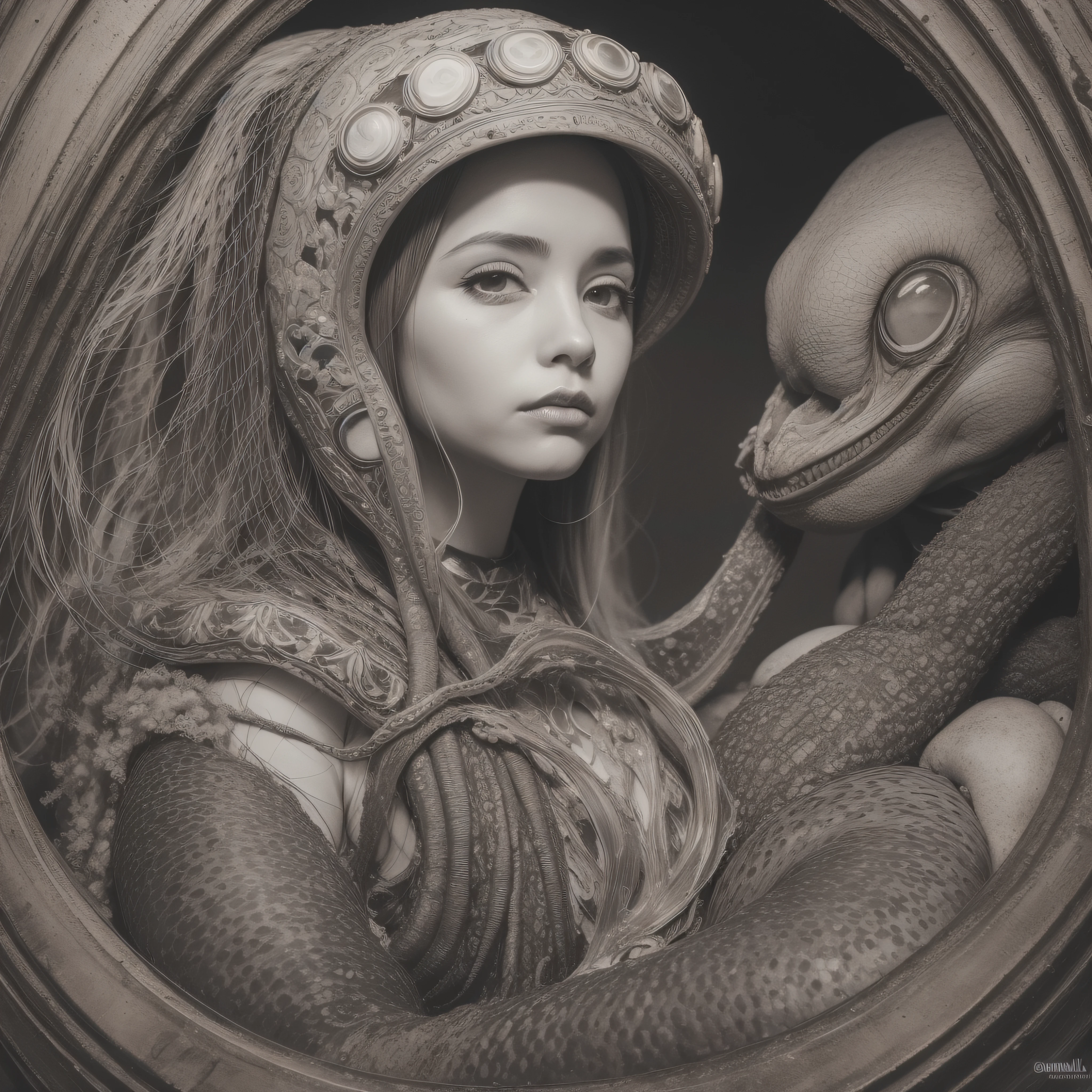 (extremadamente detallado, obra maestra, La mejor calidad), Estilo oscuro, intense illumination, rostro con arrugas, lengua larga, tentacle, deforme, monstruoso, interior de una piscina de agua verdosa, imagen submarina, alien con Colmillos finos, pico de pulpo amenazante. manchas de tinta. Rococo composition. Luz de caravaggio