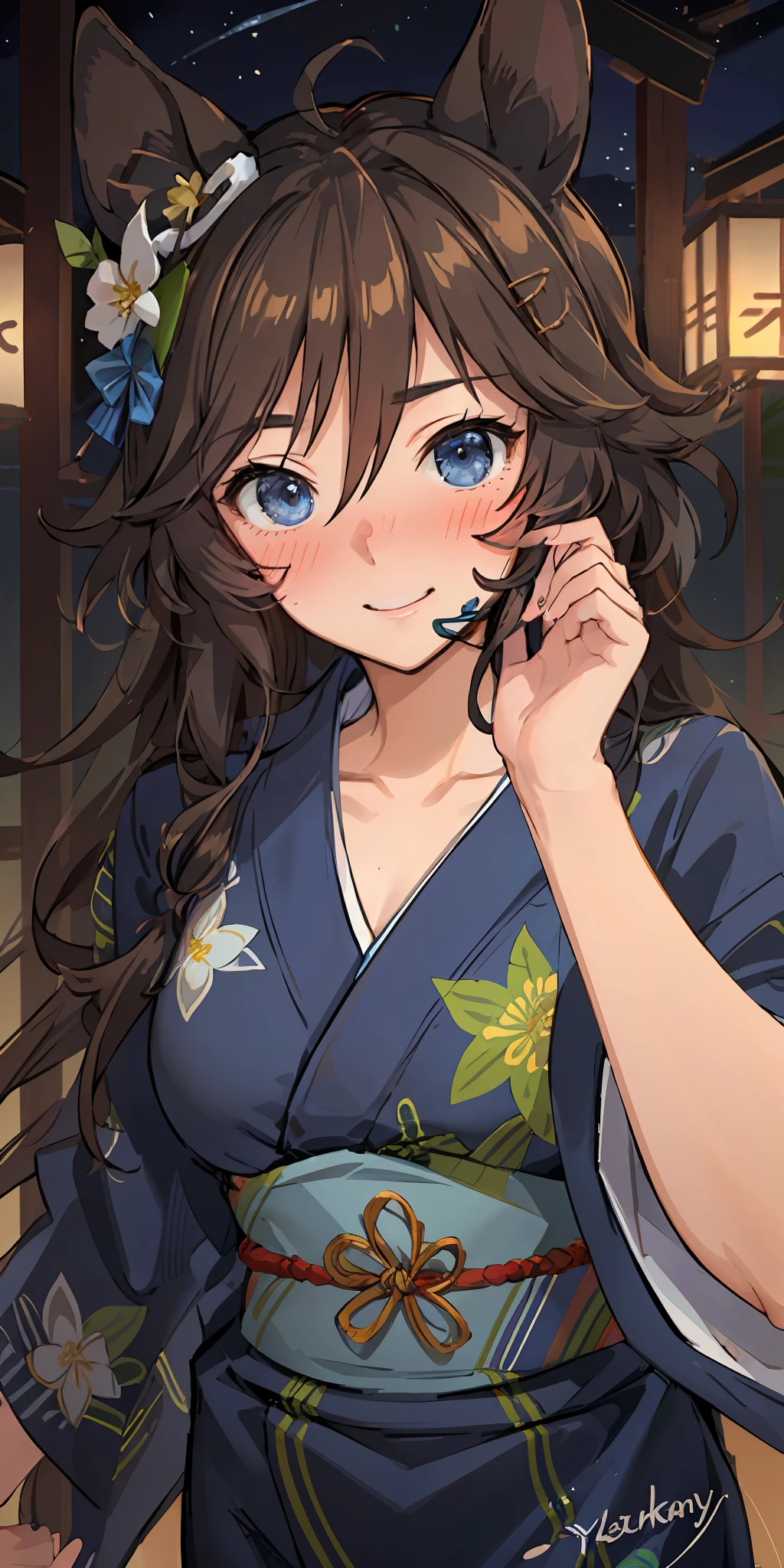 ***1人、Brown hair(long)、faces((Embarrassing))、faces((slightly blush on the cheeks))、Blue eyes((Delicate.ren))、Marl、Hidden in the hair of one eye、Japanese dress((Yukata))portlate、side lights、wall-paper、NSFW、Background night、Beautiful night sky、A smile、Happiness