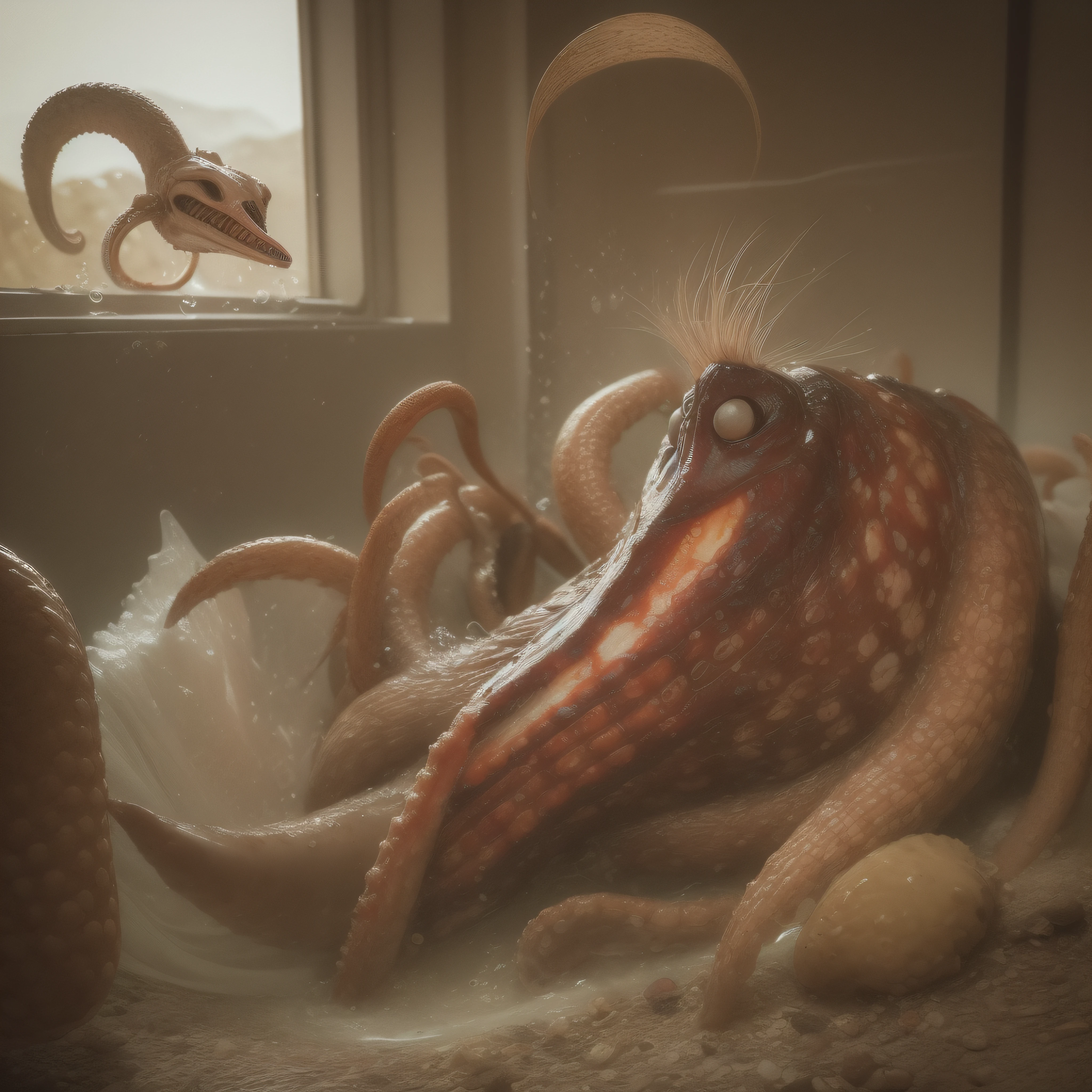 (extremadamente detallado, obra maestra, La mejor calidad), Estilo oscuro, intense illumination, rostro con arrugas, lengua larga, tentacle, deforme, monstruoso, interior de una piscina de agua verdosa, imagen submarina, alien con Colmillos finos, pico de pulpo amenazante. manchas de tinta. Rococo composition. Luz de caravaggio
