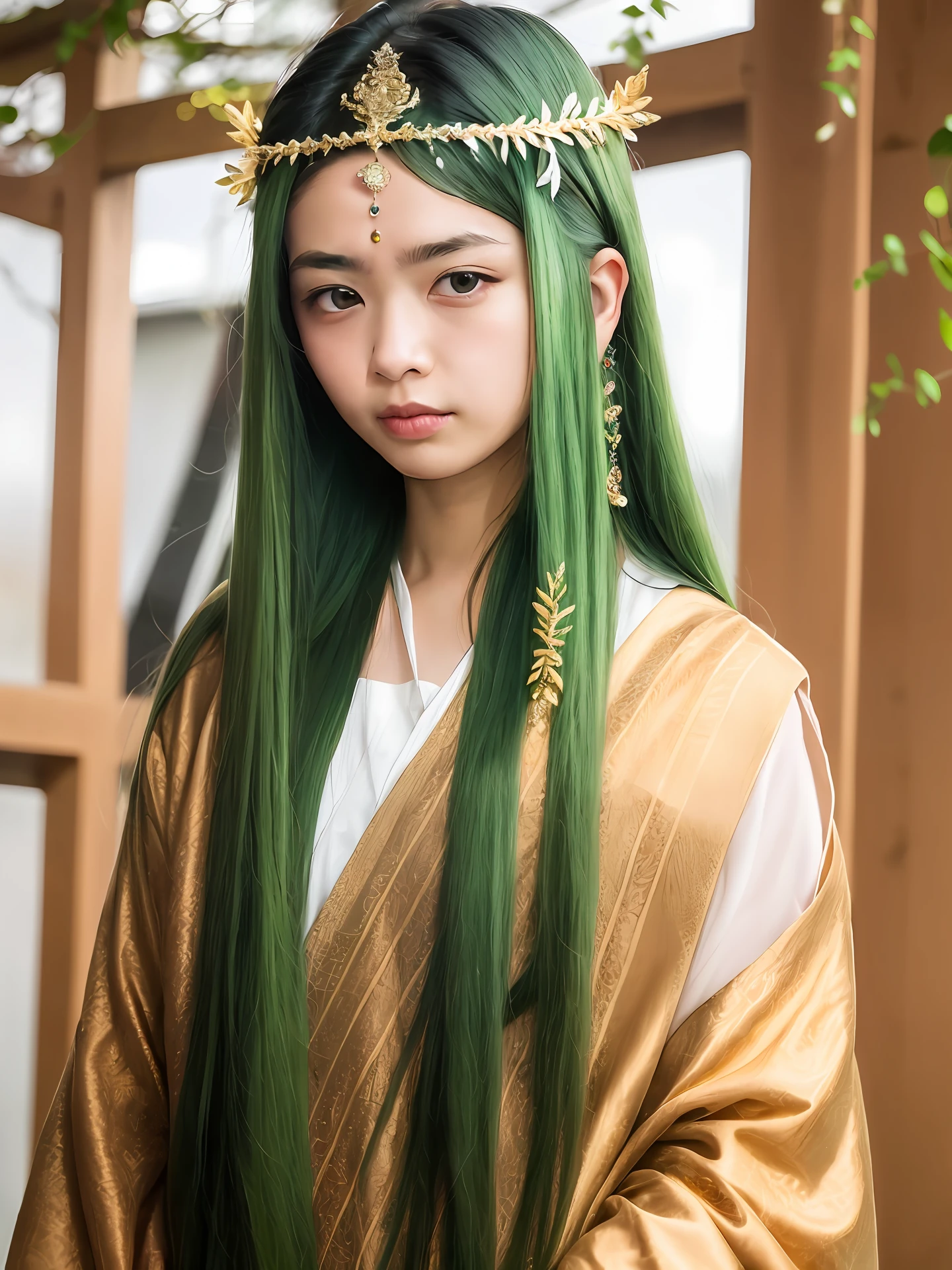 green long hair,Golden eyes,Wear a garland on your head,shoun