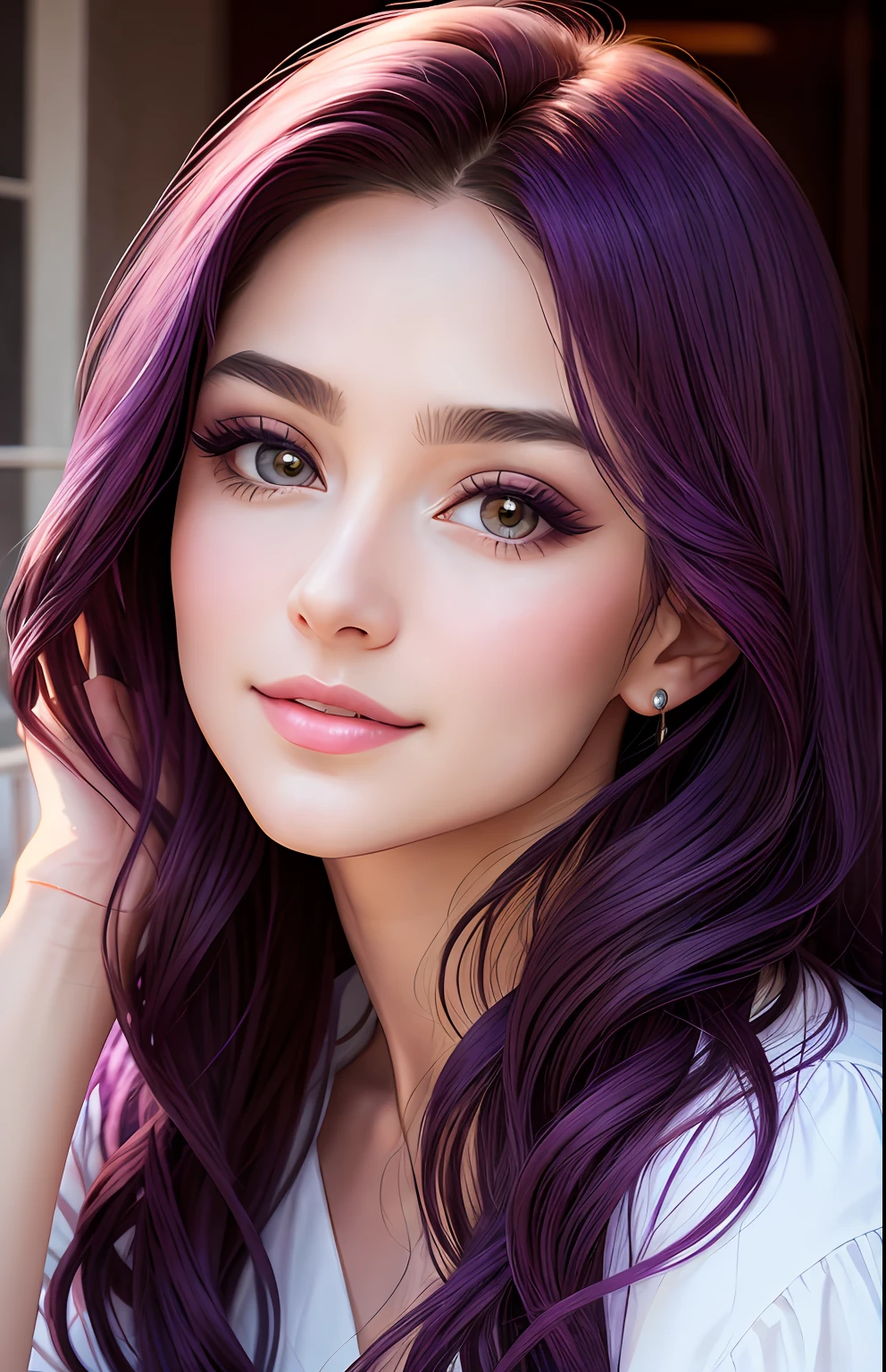 animesque、portraitures、One Person20age、Pretty Woman、Moisturized eyes、Casual clothing、a picture、oval jaw、beautiful countenance、The hair、Purple eyes with a beautiful glow,,、LDS Art