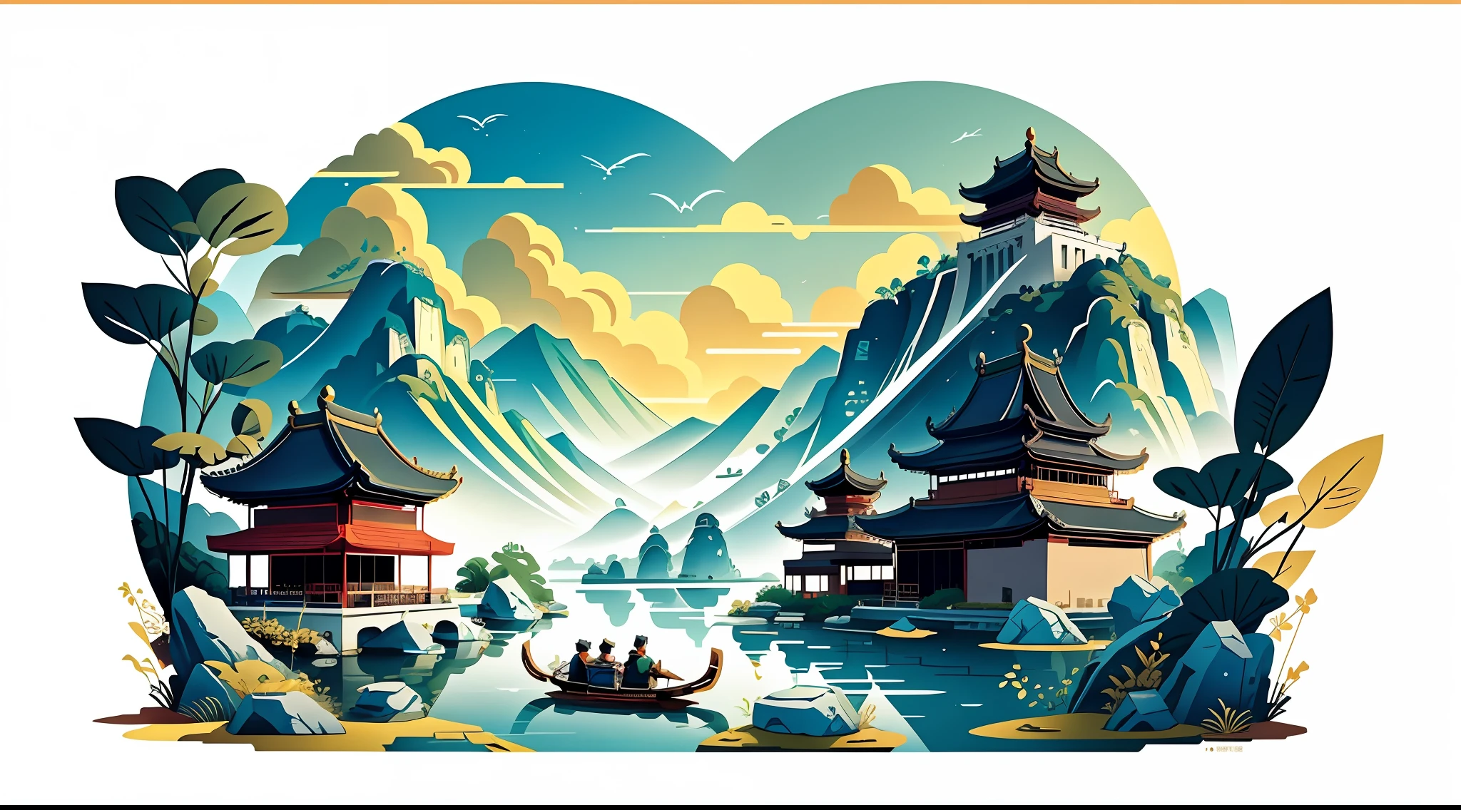 An ancient Chinese painting，Dragon Boat Element，dragon boats，rice dumpling， Ancient Chinese background， Auspicious clouds， Pavilions， rays of sunshine， tmasterpiece， super detailing， Epic composition， hyper HD， high qulity， extremely detaile， offcial art， 统一 8k 壁纸， super detailing， gufeng，32K，Flat illustration，gufeng，flat illustration