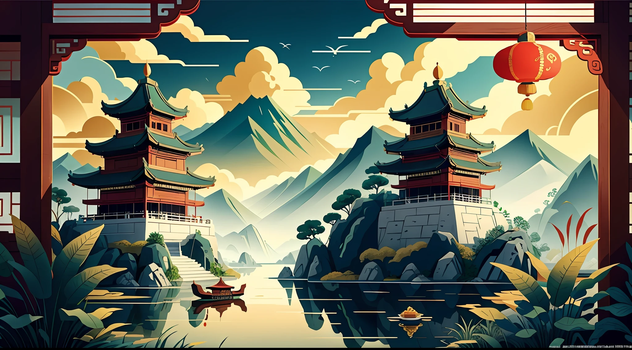 An ancient Chinese painting,Dragon Boat Element,dragon boats,rice dumpling, Ancient Chinese background, Auspicious clouds, Pavilions, rays of sunshine, tmasterpiece, super detailing, Epic composition, hyper HD, high qulity, extremely detaile, offcial art, 统一 8k 壁纸, super detailing, gufeng,32K,Flat illustration,gufeng,flat illustration