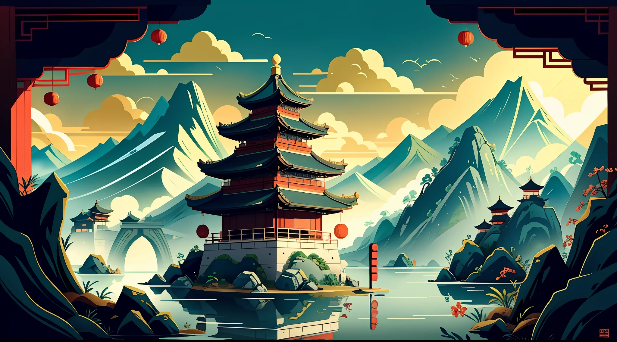 An ancient Chinese painting，Dragon Boat Element，dragon boats，rice dumpling， Ancient Chinese background， Auspicious clouds， Pavilions， rays of sunshine， tmasterpiece， super detailing， Epic composition， hyper HD， high qulity， extremely detaile， offcial art， 统一 8k 壁纸， super detailing， gufeng，32K，Flat illustration，gufeng，flat illustration