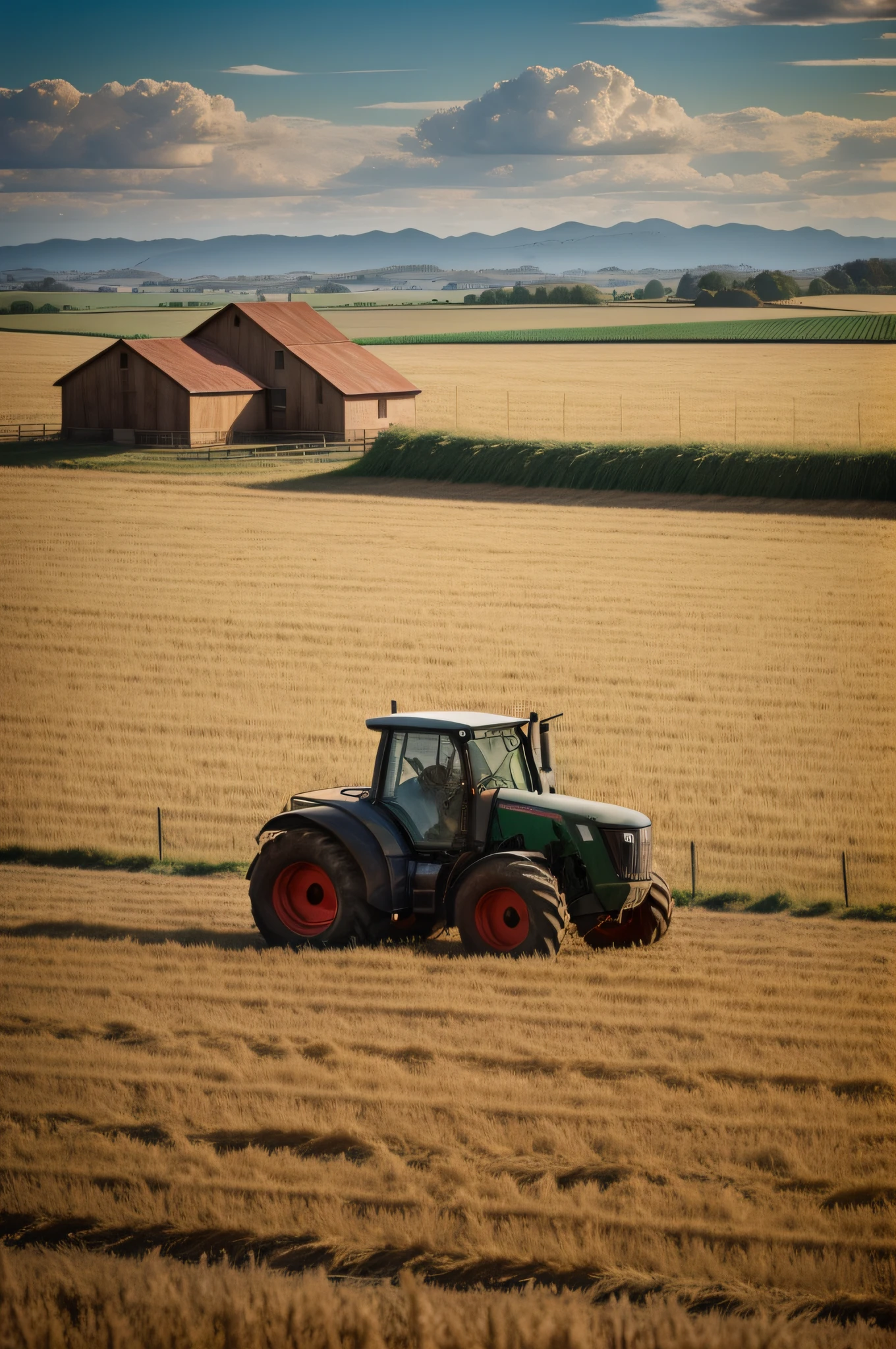 em perspectiva, an agricultural tractor standing next to a wooden fence and a silo barrel, in a vast field of wheat stretching to the distant mountains on the horizon, with the sky with sparse clouds under them.