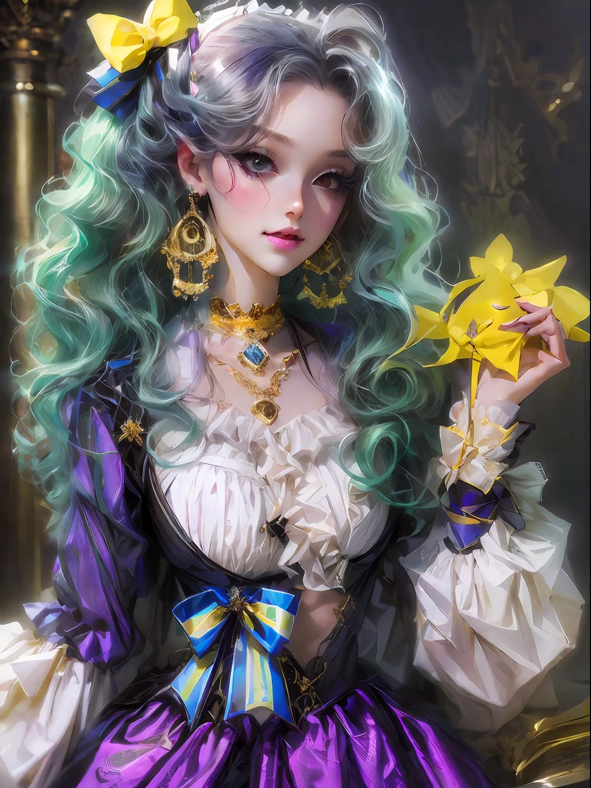 HighestQuali,tmasterpiece:1.2,Detailed details,(high qulity),Kizi,A pretty girl,ssmile,Long black wavy curly hair,yellow bow,Purple clothes,Lolita prostitute,Gorgeous costumes,white backgrounid,Bust,Dingdall effect,k hd