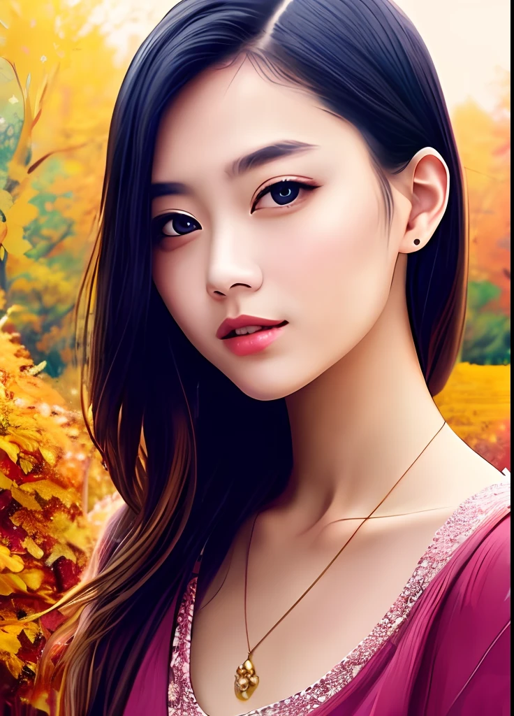 Beautuful Women、Bright design、PastelColors、Ink dripping、autumn lights、shinny skin、the pose