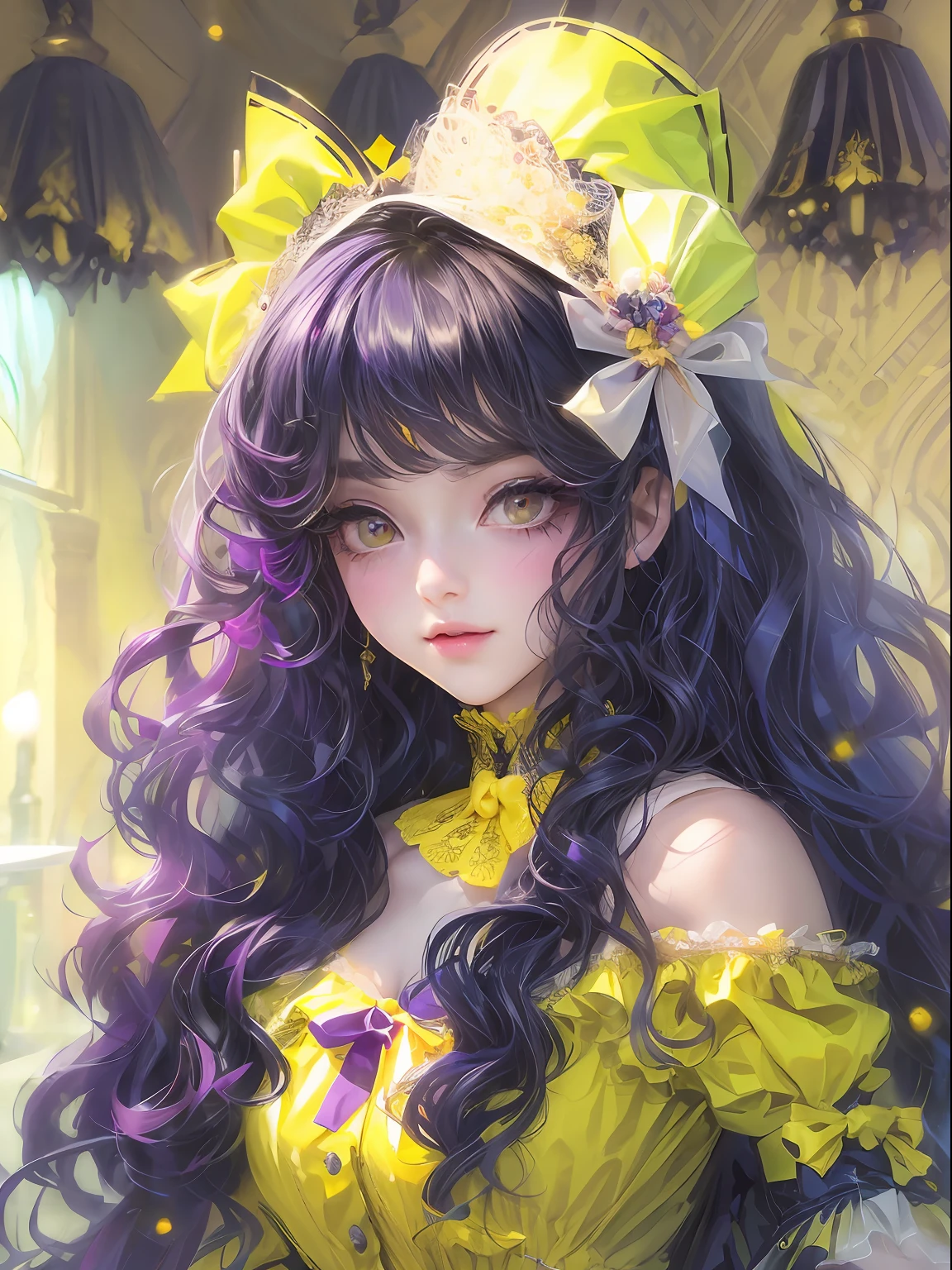 HighestQuali，tmasterpiece：1.2，Detailed details，（high qulity），Kizi，A pretty girl，Exquisite facial features，ssmile，Long black wavy curly hair，yellow bow，Purple clothes，****ta prostitute，Gorgeous costumes，white backgrounid，Bust，Dingdall effect，k hd