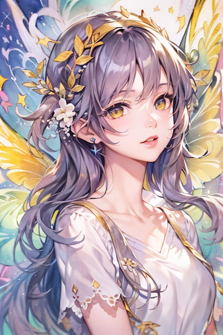 (highres, best quality:1.2), radiance, soft contours, beautiful drawing, concept art, detailed background, bright colors,
1girl, (8k, best quality, masterpiece:1.2),(best quality:1.0), (ultra highres:1.0), watercolor,    1girl, kyoani haruhi style, twintails, (large fairy wings),  music notes floating, lip gloss,  (yellow purple color scheme),  by agnes cecile, half body portrait, extremely luminous bright design, pastel colors, (ink:1.3),  traditional media, watercolor \(medium), watercolor background
