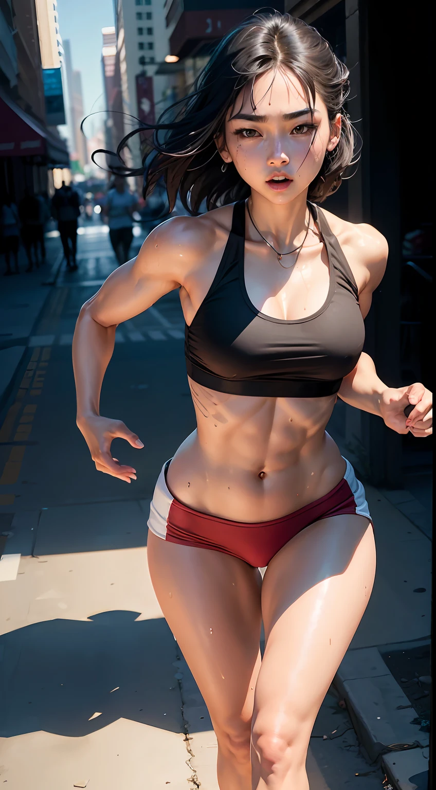 （An Asian girl runs hard），（Nineteen years old），（ultra HD picture quality），（Extremely delicate portrayal），Sexy figure，（Facial details are perfect），（Extremely standard and perfect body structure），（Perfect running position:1.3)，（Dynamic effects），Sweat soaks the body，Muscle lines are pronounced，Full body appearance，（Red sneakers:1.5），tight costume，（Silky flowing fabric：1.3），Black sports shorts（black in color：1.5），White bandeau sports T-shirt（white colors：1.5），Extremely delicate skin（There is pronounced sweat：1.3），closeup of face，Muscle lines are pronounced，Plump buttocks，The expression is firm，facing to audience，short detailed hair（black in color：1.5），（Full body appearance:1.5），（8k wallpaper），（Movie lighting），（best qualityer），light and shadow effect，Downtown street，crowd of（Faraway view:1.3），（tmasterpiece），（Photography Award），closeup cleavage，realisticlying
