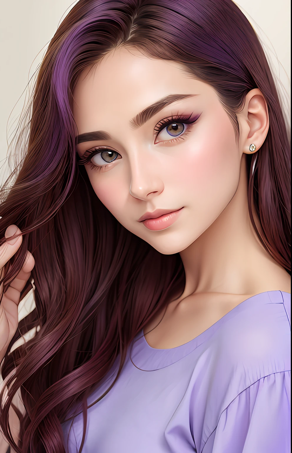 animesque、portraitures、One Person２０age、Pretty Woman、Moisturized eyes、Casual clothing、a picture、oval jaw、beautiful countenance、The hair、Purple eyes with a beautiful shine,,、LDS Art