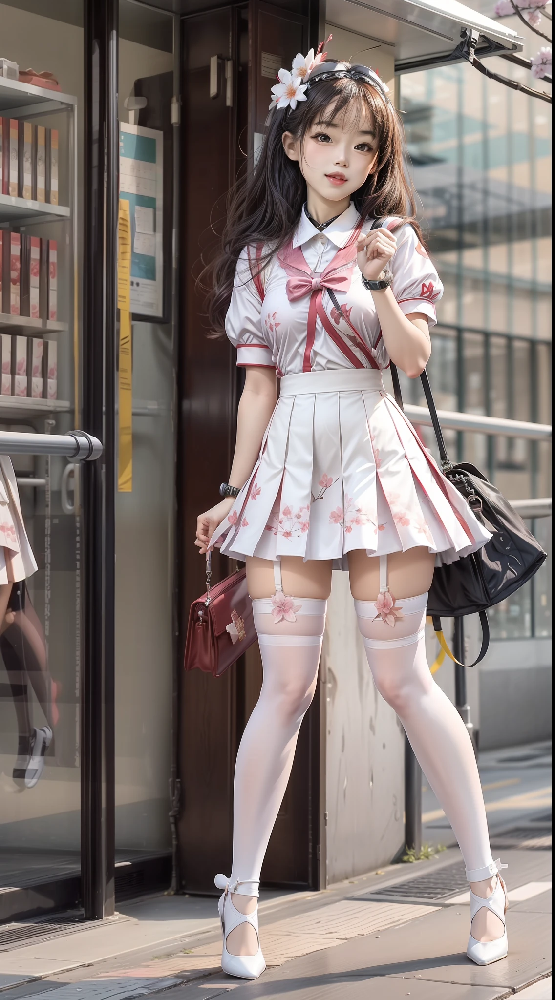 Splitting the map is prohibited,(Full body shot:1.3), tarot cards,Must show your face, anatomy correct, Stockings are mandatory, Colorful,Cherry blossom print white color scheme of JK school uniform,High jump pose,Complex and diverse backgrounds,Strangling effect, high-heels, anklet, leg loops, collars, Heavy makeup, A shallow laugh, hyper HD, Ray traching, structurally correct, Award-Awarded, high detal, lightand shade contrast, Face lighting,cinmatic lighting, tmasterpiece, super detailing, high high quality, high detal, best qualityer, 16k
