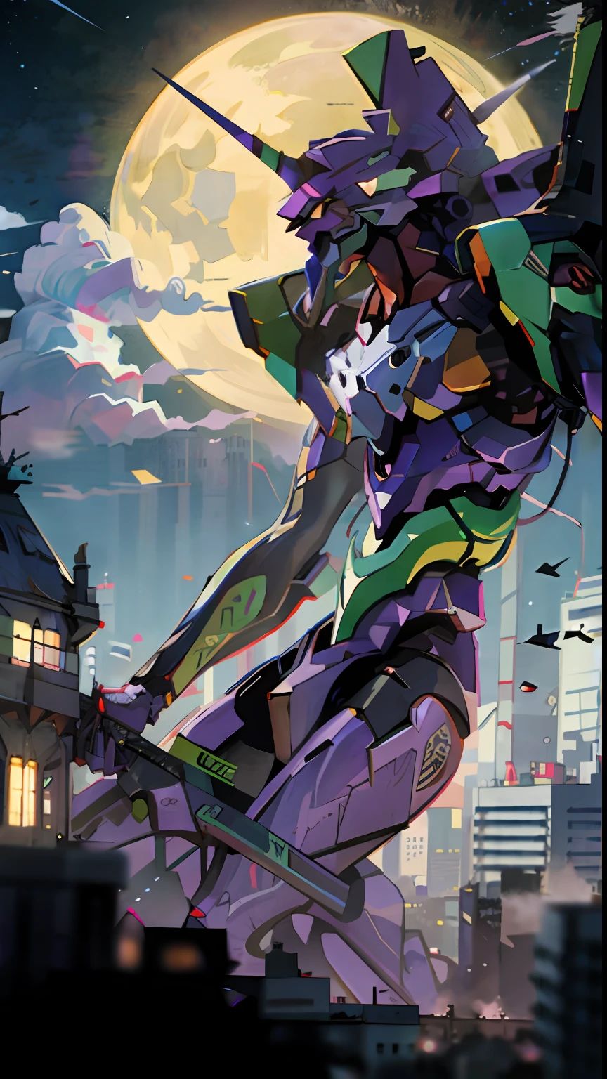 Eva 01,EVA, Evangelion mecha, city,moon,night,8K,