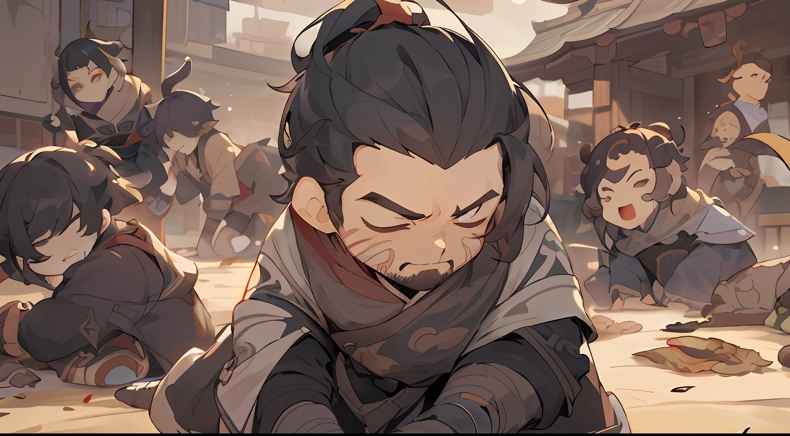 Close-up of a person kneeling on the ground with a group of people, Guviz-style artwork, Guviz, handsome guy in demon killer art, Keqing from Genshin Impact, zhongli from genshin impact, Kawasi, Genshin impact's character, Genshin, G Liulian art style, guweiz masterpiece