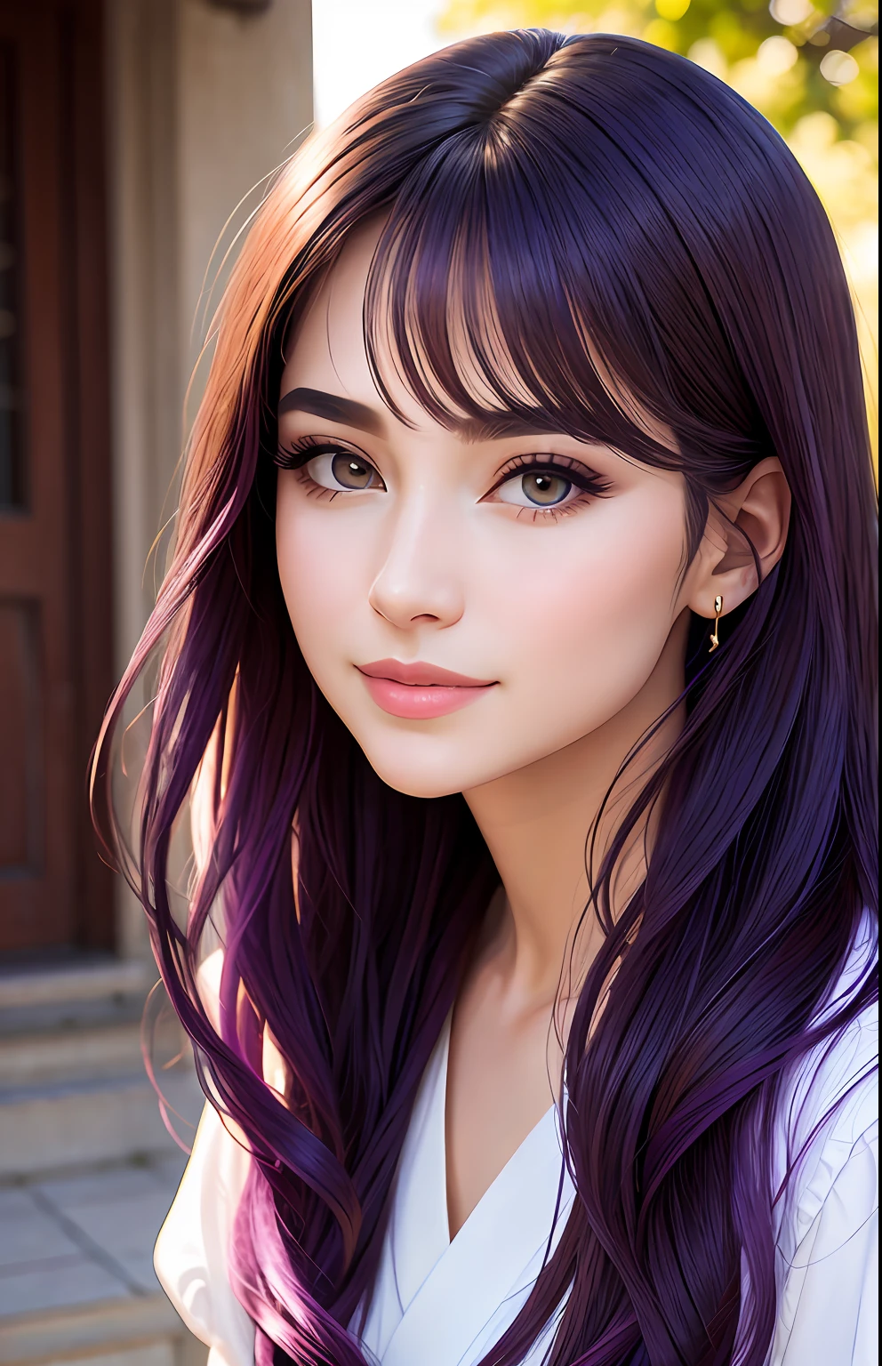 animesque、portraitures、One Person20age、Pretty Woman、Moisturized eyes、Casual clothing、a picture、oval jaw、beautiful countenance、The hair、Purple eyes with a beautiful shine,,、LDS Art