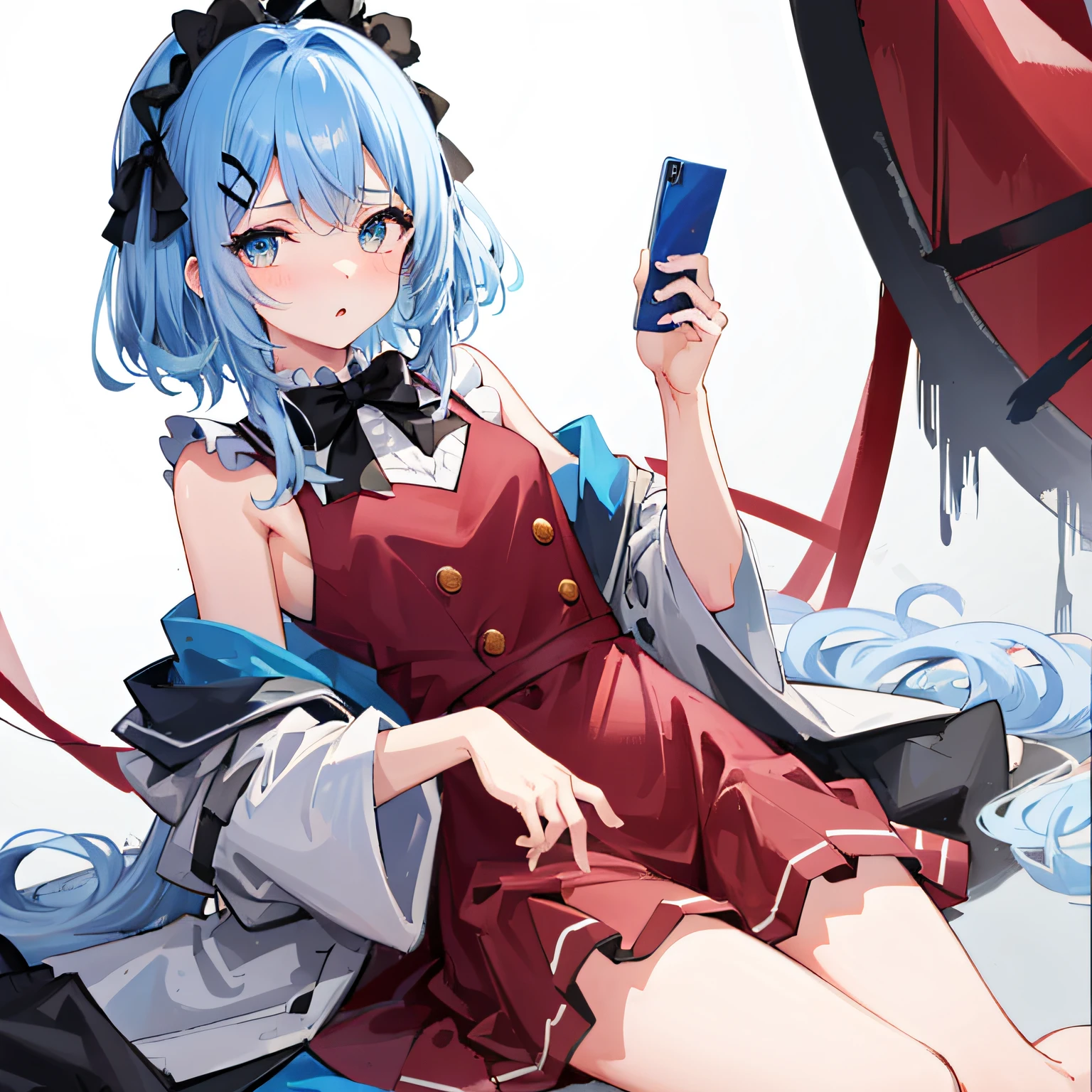 Tsundere、quadratic element、Small loli、with short black hair、Bright eyes、Small round face、upturned eyebrows、Fair and smooth skin。 Sweet、Lolita style、Puffy skirt、Lace、Bow knot、The color is bright、Cute style、In pink、blue colors、red colour、lace legwear、tigh-high boots、Cute accessories、Bow hairpins、neck chain、bangle、school ground、Anime Carnival。Falling streamers and debris，a sense of atmosphere。absurderes, A high resolution, Ultra detailed, elegant flourishes, and a sense of craftsmanship and skill,。Anime girl in maid costume sitting on a branch, Beautiful anime girl, seductive anime girls, cute anime waifu in a nice dress, pretty anime girl, attractive anime girls, Cute anime girl, beautiful and seductive anime woman, (Anime girl), Anime girl, Kawasi, Guweiz in Pixiv ArtStation, Extremely detailed Artgerm