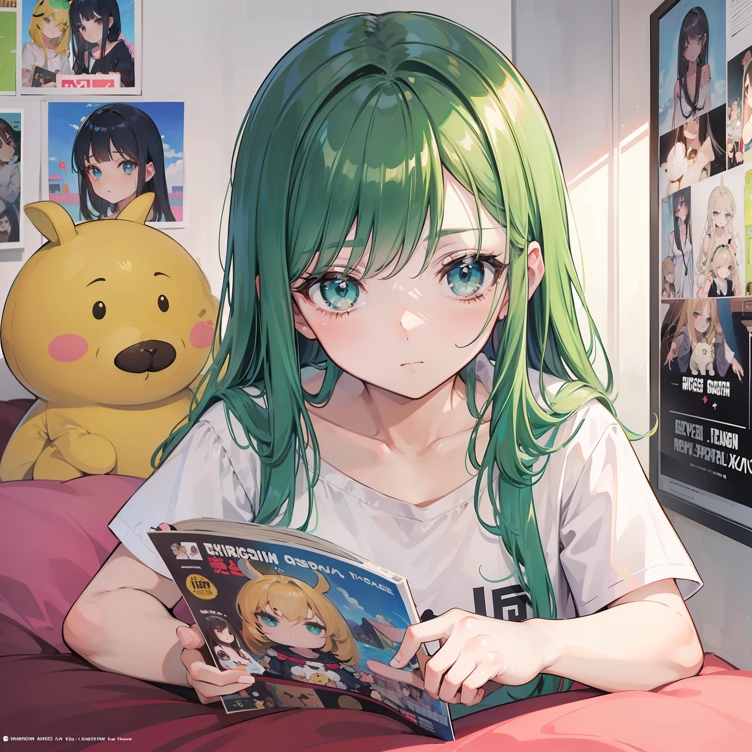 Chica con pelo largo, Cabello menta, ojos amarillos, cara linda, ojos expresivos, Buscando una revista de moda, Sentado en la cama, Nice room background, animales de peluche en la cama, Carteles en la pared, Idol poster, pijama, (Obra maestra), beautiful detailed lighting