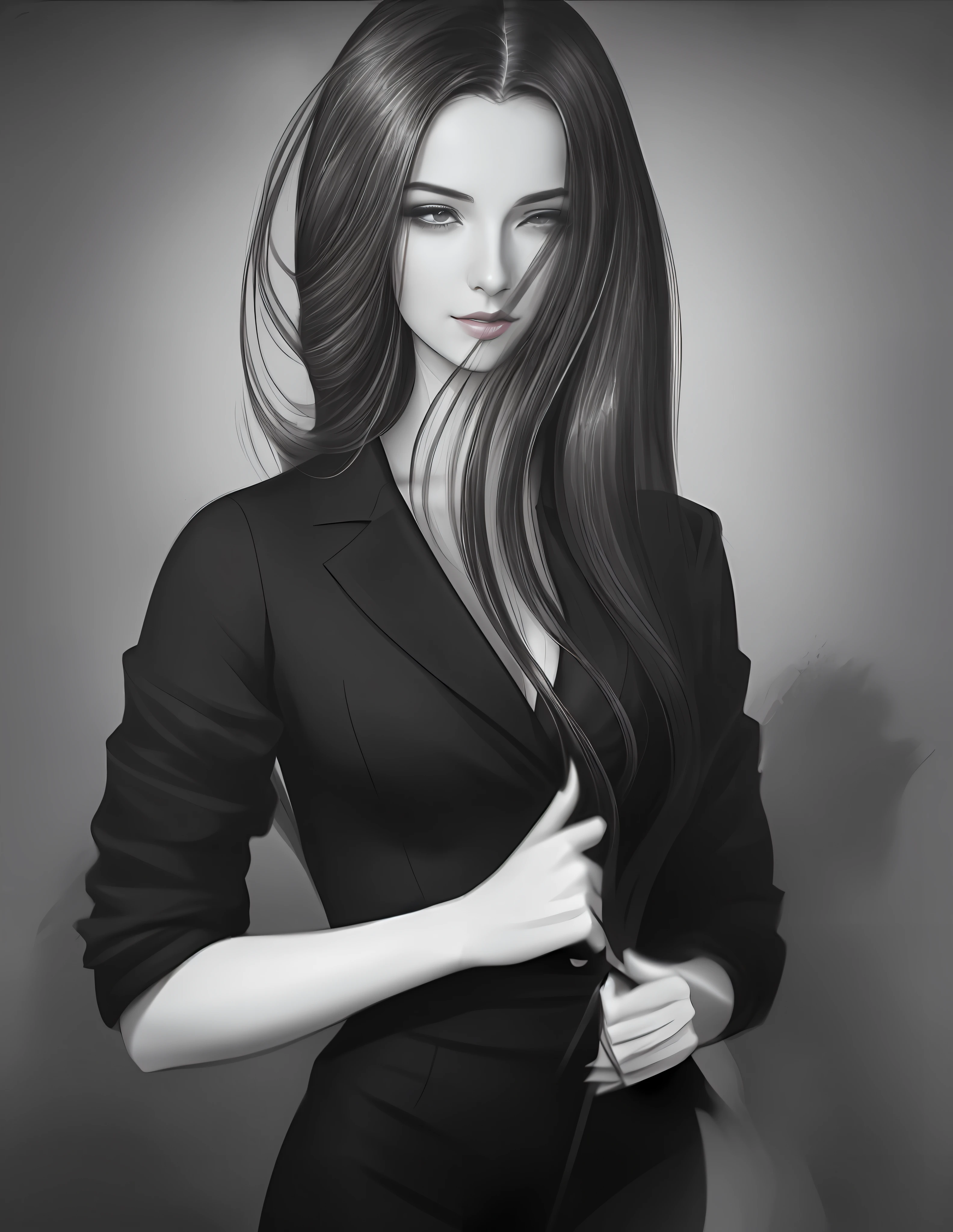 Arafard image of a woman with long hair and a black dress, digital art of an elegant, elegant digital painting, in the art style of bowater, Charlie Bowater style, realistic art style, Guviz-style artwork, style digital painting, stylized portrait formal pose, Beautiful digital illustration, sultry digital painting, Gorgeous digital painting