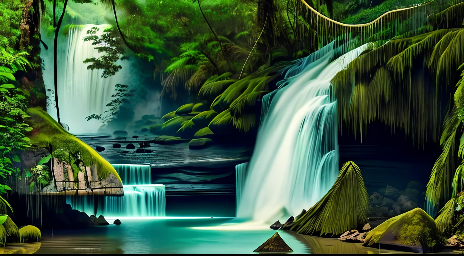 A photograph of a majestic waterfall in the midst of lush forest in brazil, with water cascading down, materpiece estilovintedois.