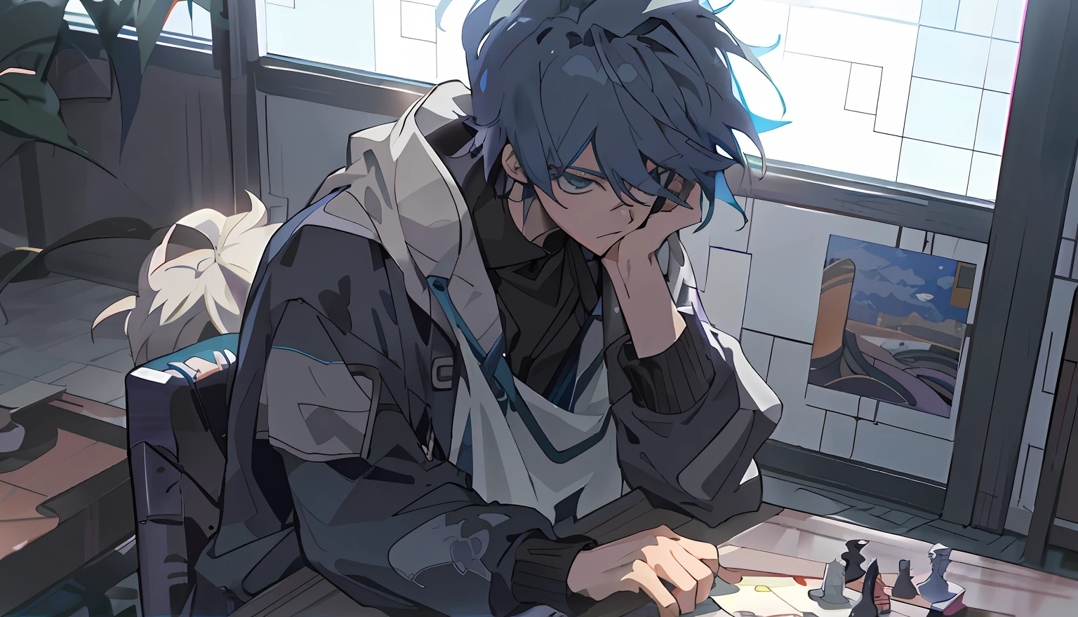 Anime boy sitting at a table，Chessboard and chess pieces, 2 d anime style, animeaesthetic, anime moe art style, young anime man, Guviz-style artwork, animeaesthetic, Guviz, Handsome anime pose, High Quality Anime Art Style, anime mecha aesthetic, male anime character, 2d anime, style of anime4 K