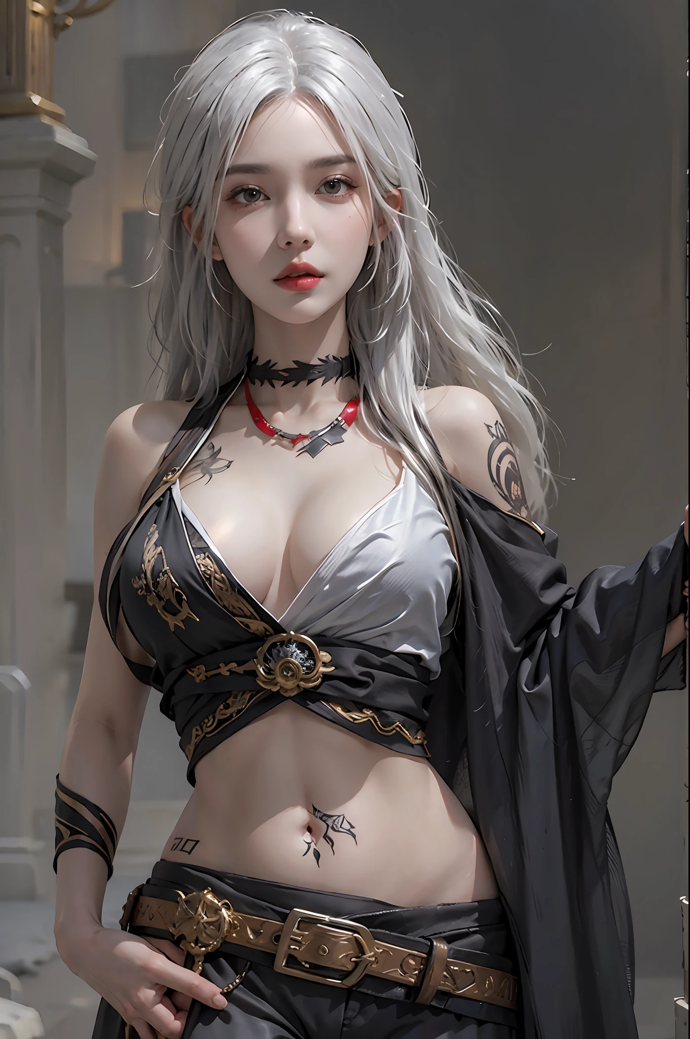 photorealistic, high resolution, 1women, solo, hips up, look at viewer, (detailed face), narrow waist, closed lips, white hair, long hair, assassin clothes, jewelry, belly tattoo