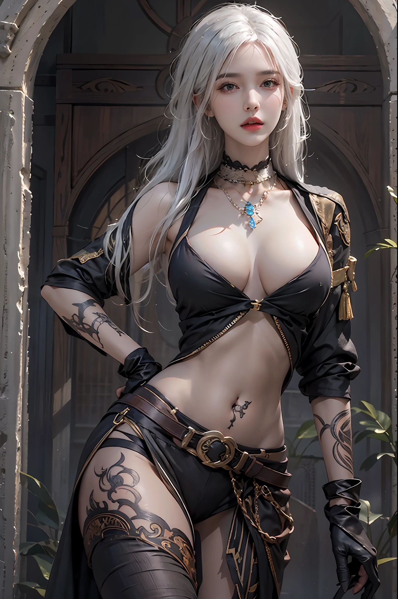 photorealistic, high resolution, 1women, solo, hips up, look at viewer, (detailed face), narrow waist, closed lips, white hair, long hair, assassin clothes, jewelry, belly tattoo