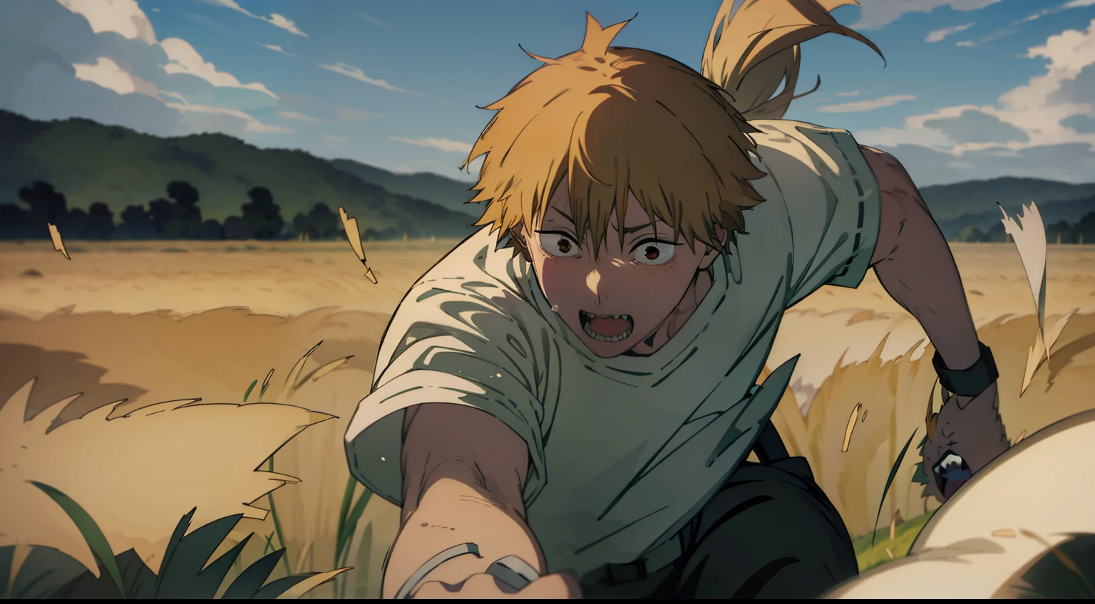 Denji running in a field with an expression of fear