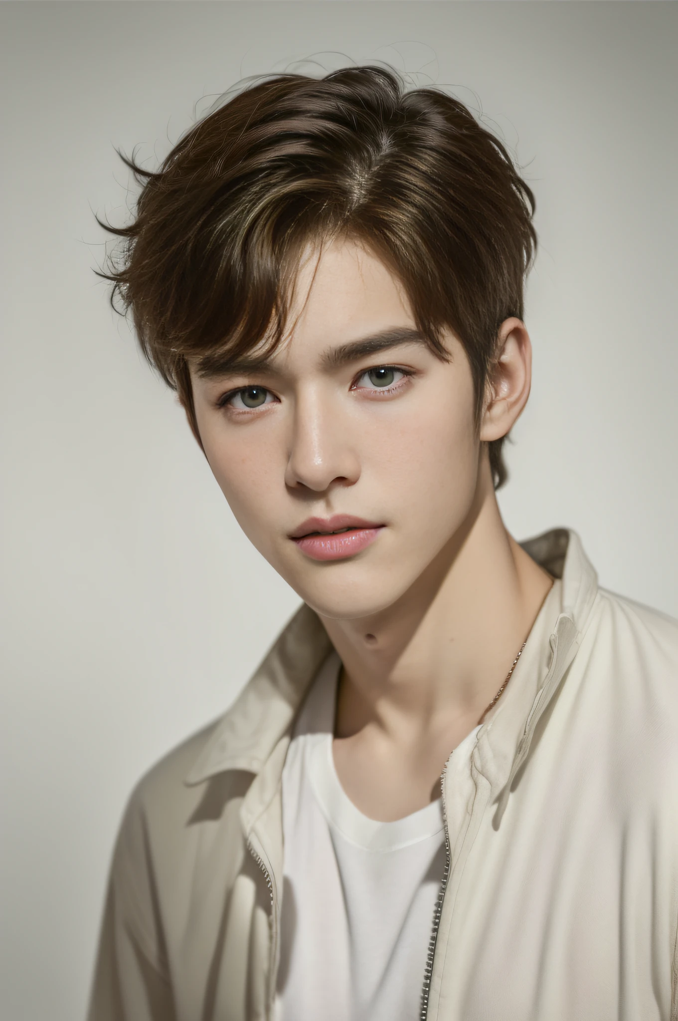 "Create realistic images, High resolution photo with a handsome Korean guy, Heterochromatic eye, He was wearing a loose white shirt and white jeans...,nice skin,half body portrait,Open it up...,short light brown hair.,strong