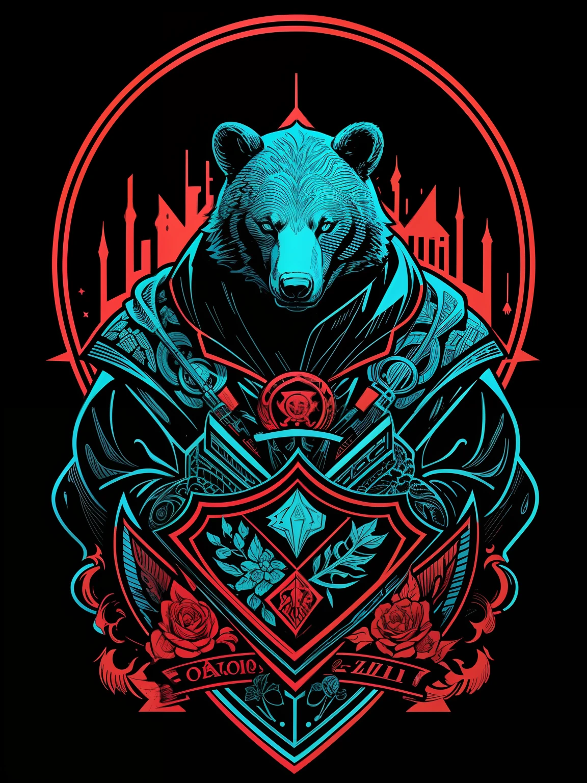 [Black bear]Silhouette of the coat of arms、Logo masking style illustration、by Dan Mumford、by Greg Rutkowsky、James Jean、Black background、Fantasyart、mystical、realisticlying、yudai、rich vivid colors、highly contrast、Seamless Water Brand、art  stations、Deviant Art、dribbling、Red Bubble、Tea Public、foco nítido、simple、Hyper-detailing、Detailed drawing、vectorized、outline、Isometric style、8k。