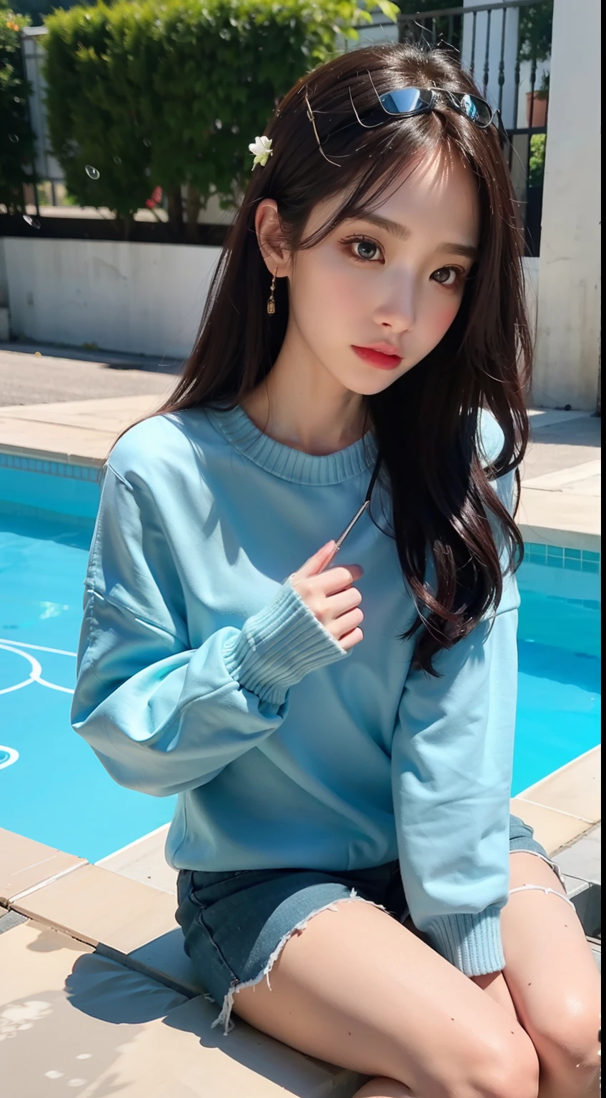 1girll， 独奏， tmasterpiece， a matural female，Best quality at best， 8k wallpaper， beatiful detailed eyes， fully body photo， 黑The eye， Detailed hairpins， swimmingpool， Wet body，Blue long-sleeved sweater，Ultra shorts，Outdoor swimming pool，Mouth open，Sat down，Surreal graphics，