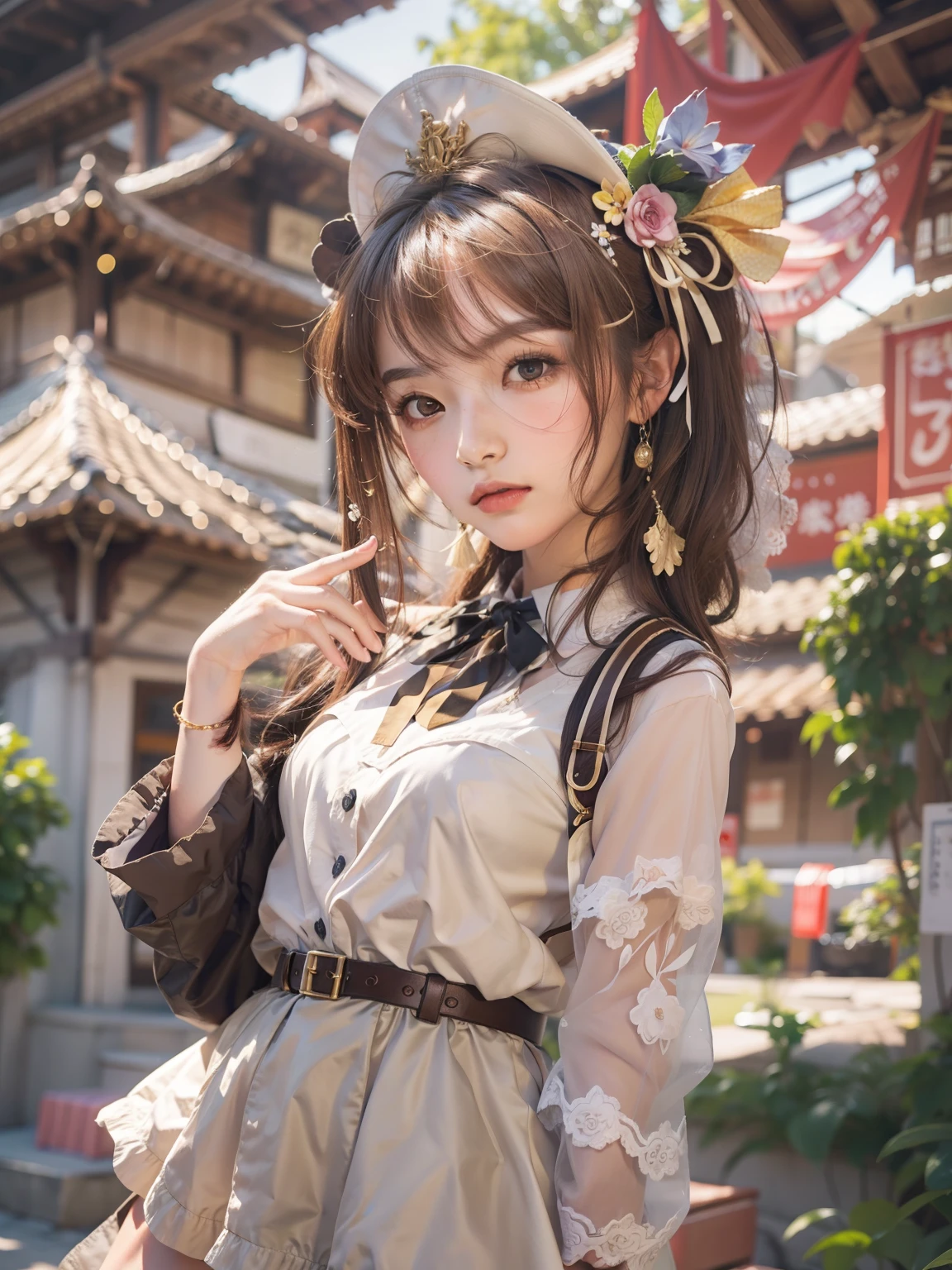 High resolution, masterpiece, Chizuru Ichinose, brown hair, solo, 1 girl, exterior, detailed background, detailed eyes, (brown eyes))