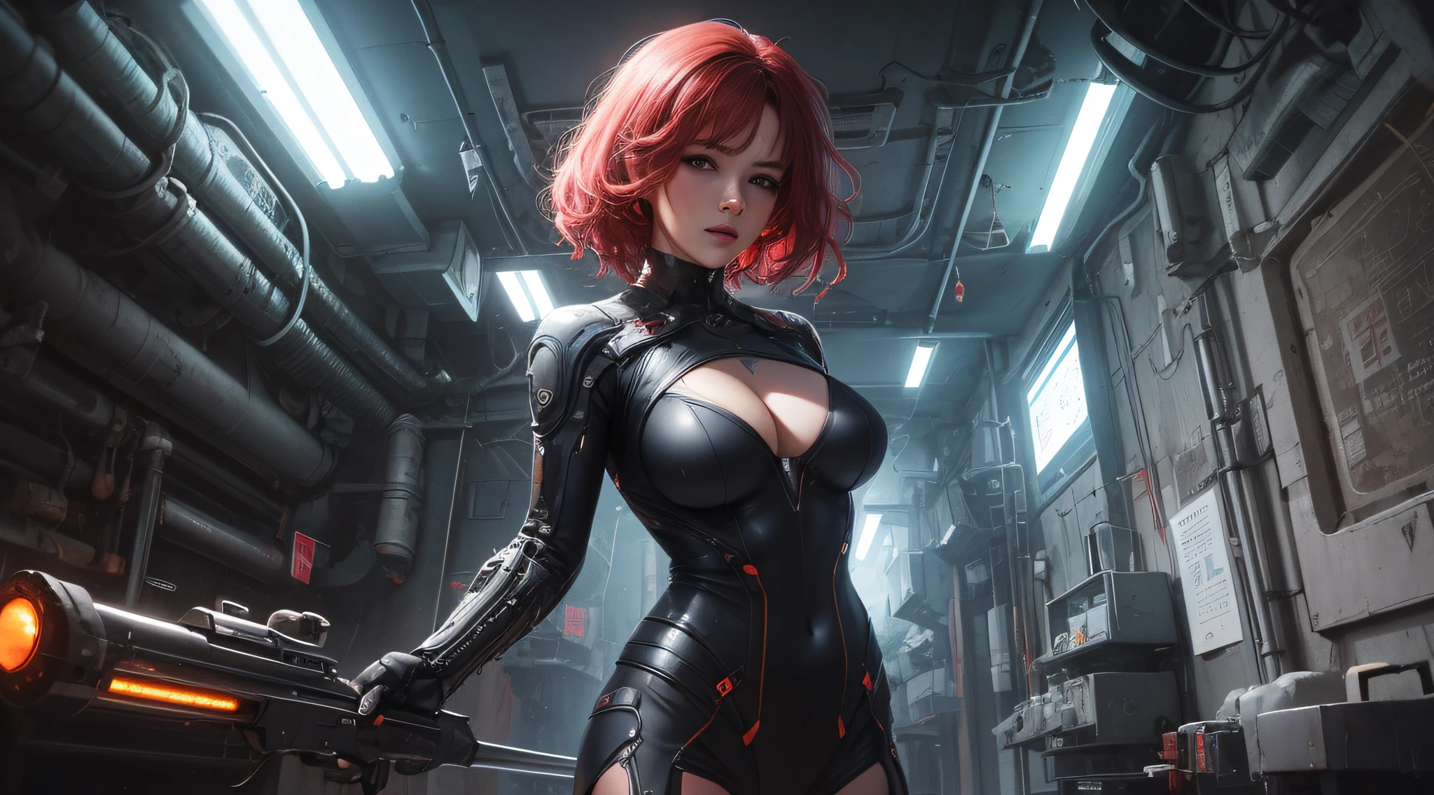 Losing portrait of woman in wetsuit with big gun, smooth digital concept art, an oppai cyberpunk, glossy wet skin!!, biomechanical oppai, Painted in high resolution, wet shiny skin, 8k high quality detailed art, [ 4 k digital art ]!!, Very detailed ArtGerm, rendered in sfm, fanart best artstation(Very cute woman gets futuristic cyberpunk hotel bodysuit completely torn sexy、Perfect body-wide coverage))。Afro Curly Black Medium Length Hair、40k、a picture、​masterpiece、top-quality、Dark gray background、((1 Girl Glenn eyes and gorgeous bright red hair、Beautiful perfect face、juicy lips、de pele branca))。Sexy ass soft breasts and white skin、Bimbo lips、Beautiful Caucasian woman in T pose。long legged((perfect chest:1.4))、((Very soft breasts))、hyperdetailed face、A detailed eye。Inside the spacecraft of the future。(((she is soaking wet)))、Her clothes were almost torn and torn.、Damaged、Skin exposed、White substance and water running down her body、Nipple areola protrudes、Underwear is slipping off、Metamorphosis、Sexy Pornstar Pose、Have a gun of the future、Holding a gun、