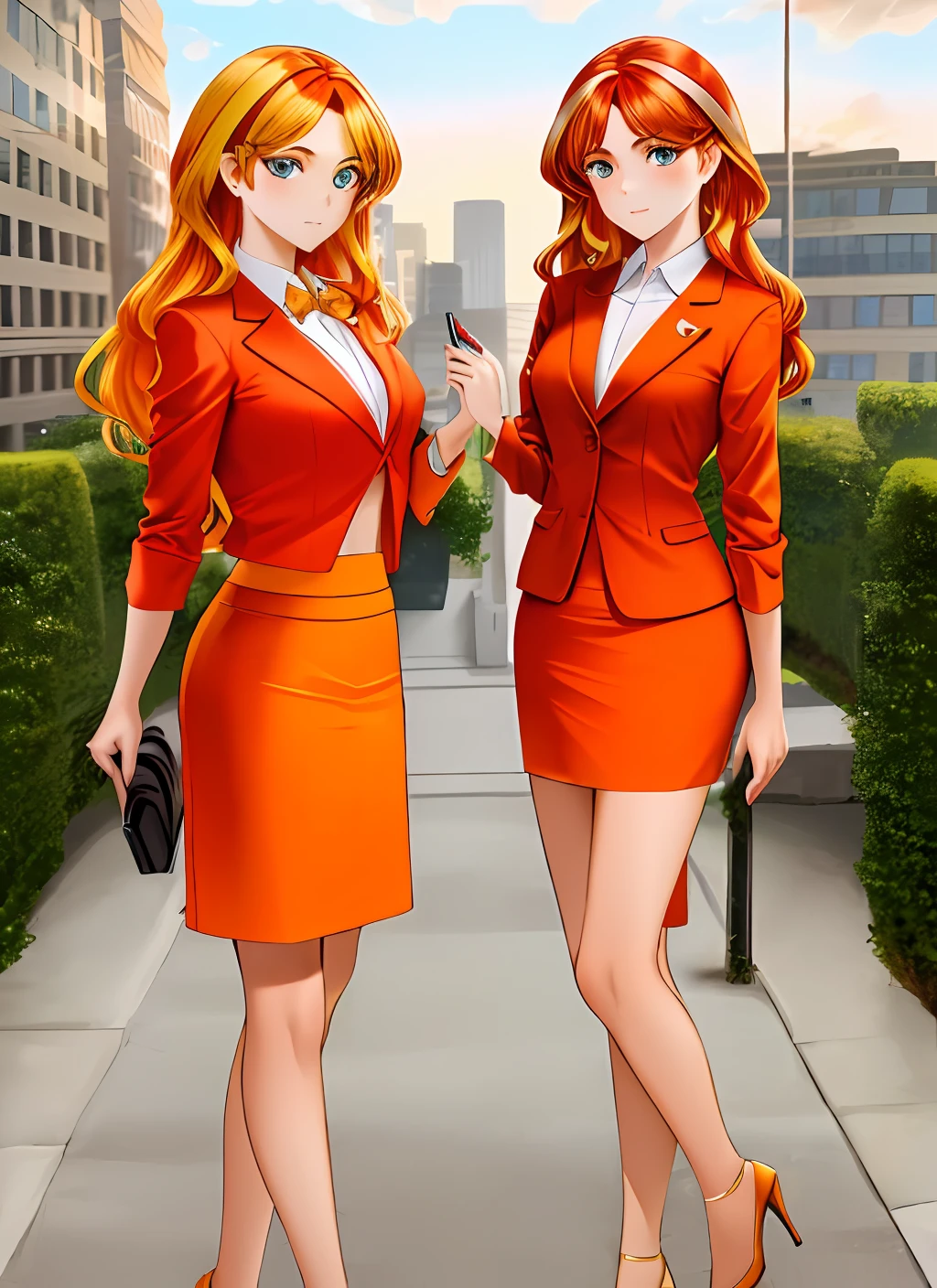 ((best quality)), ((highly detailed)), masterpiece, (detailed eyes, deep eyes), (2girls, duo, identical twins, clones, doppelganger), cowboy shot, SunsetHuman, (multicolored hair, (two-tone hair:1.1), red and blonde hair), BREAK, aqua eyes, ((office ladies, orange skirt suit, orange blazer, long sleeves, orange pencil skirt, orange tight skirt, bare legs, high heels, same color skirt suits)), highly detailed faces, highly detailed bodies, mnstfc, skirt