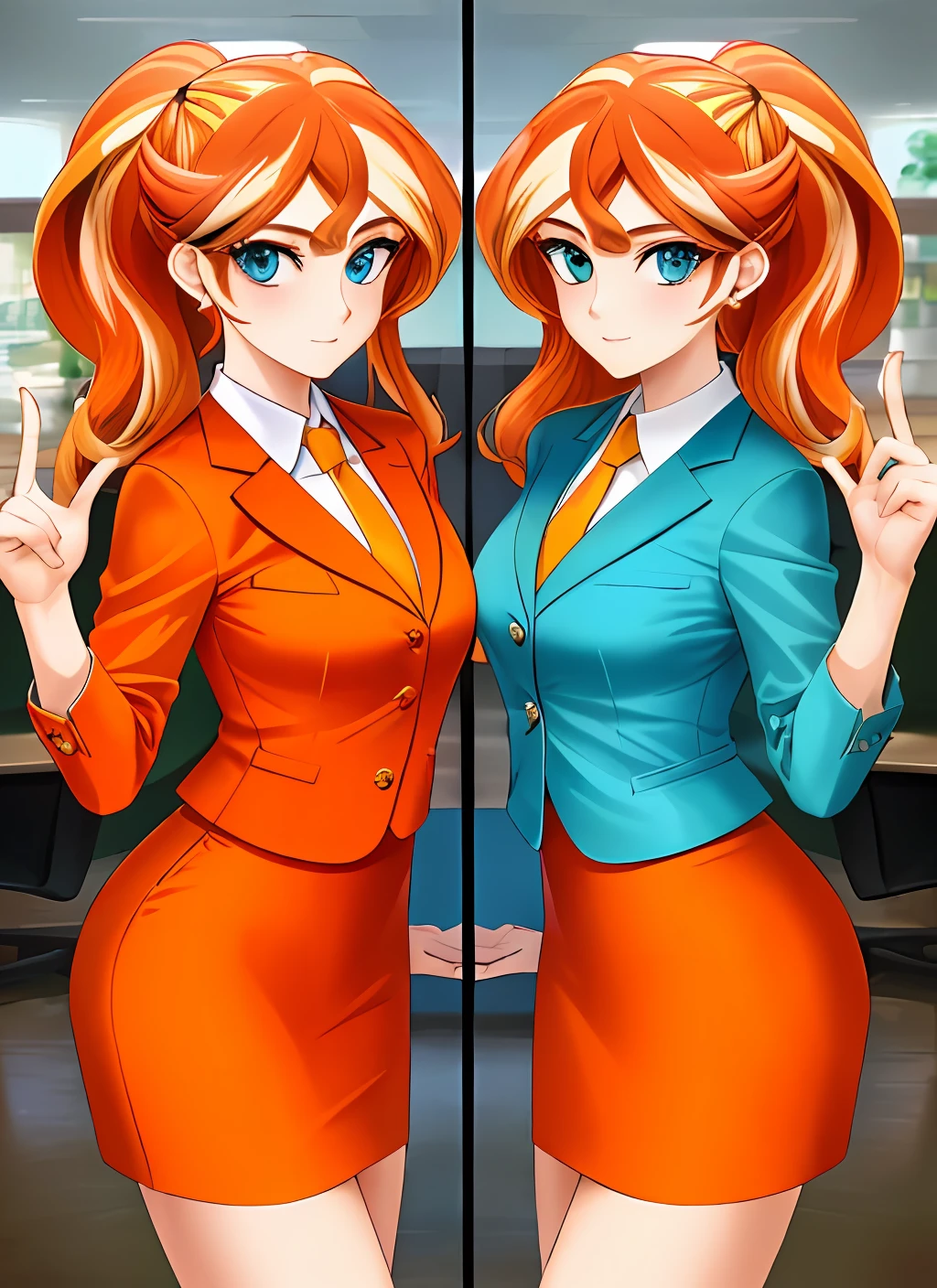 ((best quality)), ((highly detailed)), masterpiece, (detailed eyes, deep eyes), (2girls, duo, identical twins, clones, doppelganger), cowboy shot, SunsetHuman, (multicolored hair, (two-tone hair:1.1), red and blonde hair), BREAK, aqua eyes, ((office ladies, orange skirt suit, orange blazer, long sleeves, orange pencil skirt, orange tight skirt, bare legs, high heels, same color skirt suits)), highly detailed faces, highly detailed bodies, mnstfc, skirt