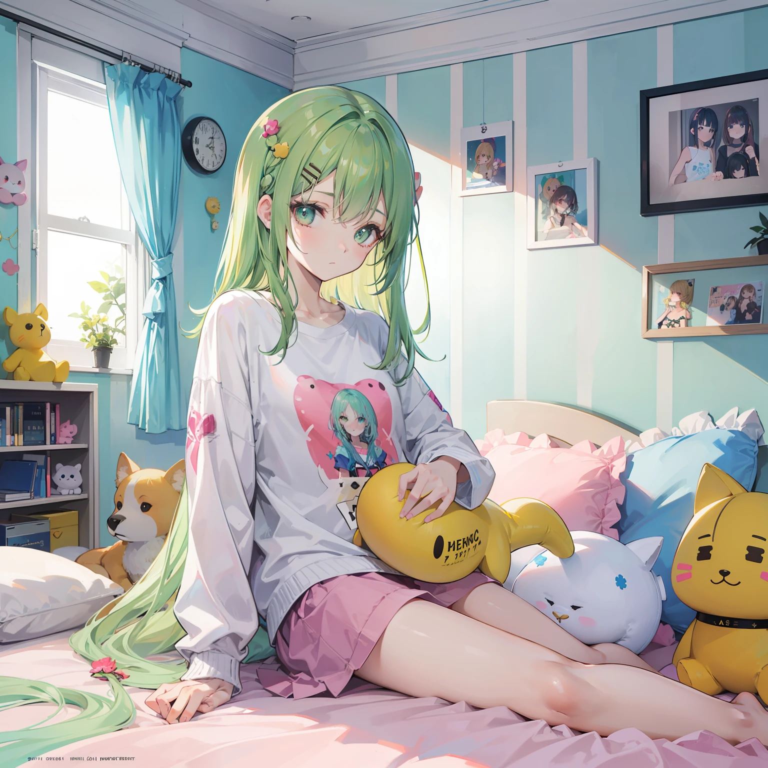 Chica con pelo largo, Cabello menta, ojos amarillos, cara linda, ojos expresivos, Buscando una revista de moda, Sentado en la cama, Nice room background, animales de peluche en la cama, Carteles en la pared, Idol poster, pijama, (Obra maestra), beautiful detailed lighting