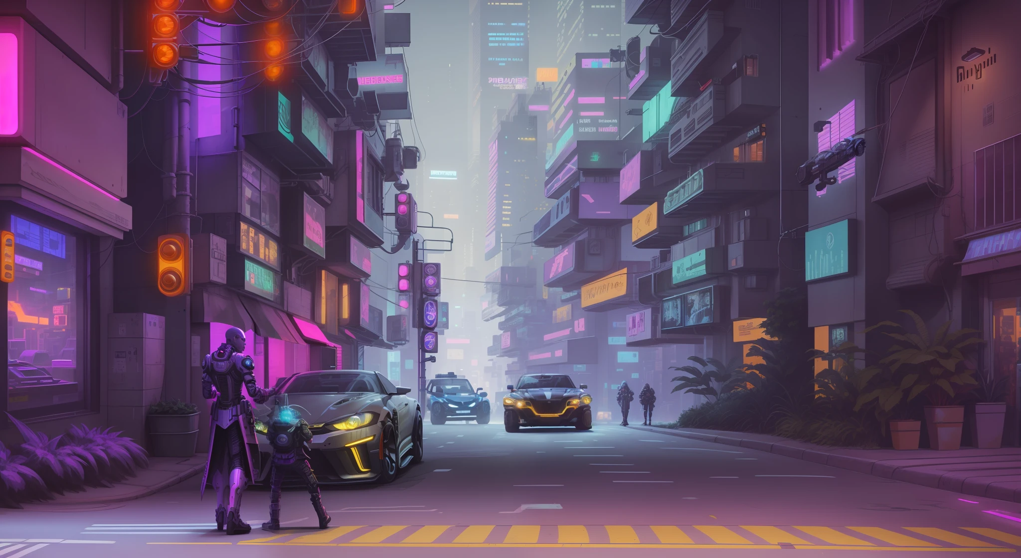 There are cars driving on the city streets at night, Cyberpunk Street, cyberpunk city street, Sci-Fi Cyberpunk City Street, at cyberpunk city, futuristic city street, busy cyberpunk metropolis, futuristic street, cyberpunk city street background, cyberpunk night street, in a futuristic cyberpunk city, cyberpunk streets at night, In a cyberpunk city, Cyberpunk city, Cyberpunk Street at Night