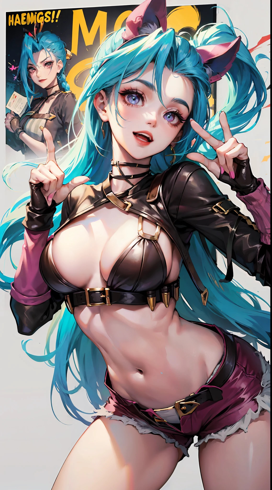 Jinx,Fleshy thighs,Poster publicity style,Ingram,Pose,Ultra shorts,Simetall,C cup,Happy expression