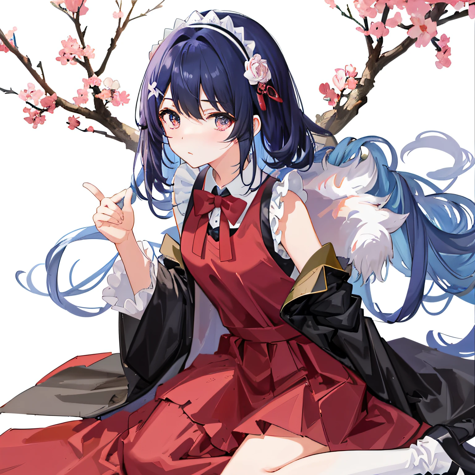 Tsundere、quadratic element、Small loli、with short black hair、Bright eyes、Small round face、upturned eyebrows、Fair and smooth skin。 Sweet、Lolita style、Puffy skirt、Lace、Bow knot、The color is bright、Cute style、In pink、blue colors、red colour、lace legwear、tigh-high boots、Cute accessories、Bow hairpins、neck chain、bangle、school ground、Anime Carnival。Falling streamers and debris,a sense of atmosphere。absurderes, A high resolution, Ultra detailed, elegant flourishes, and a sense of craftsmanship and skill,。Anime girl in maid costume sitting on a branch, Beautiful anime girl, seductive anime girls, cute anime waifu in a nice dress, pretty anime girl, attractive anime girls, Cute anime girl, beautiful and seductive anime woman, (Anime girl), Anime girl, Kawasi, Guweiz in Pixiv ArtStation, Extremely detailed Artgerm