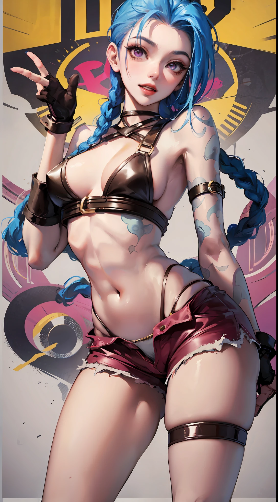 Jinx,Fleshy thighs，Poster publicity style，Ingram,Pose，Ultra shorts，Simetall，C cup，Happy expression