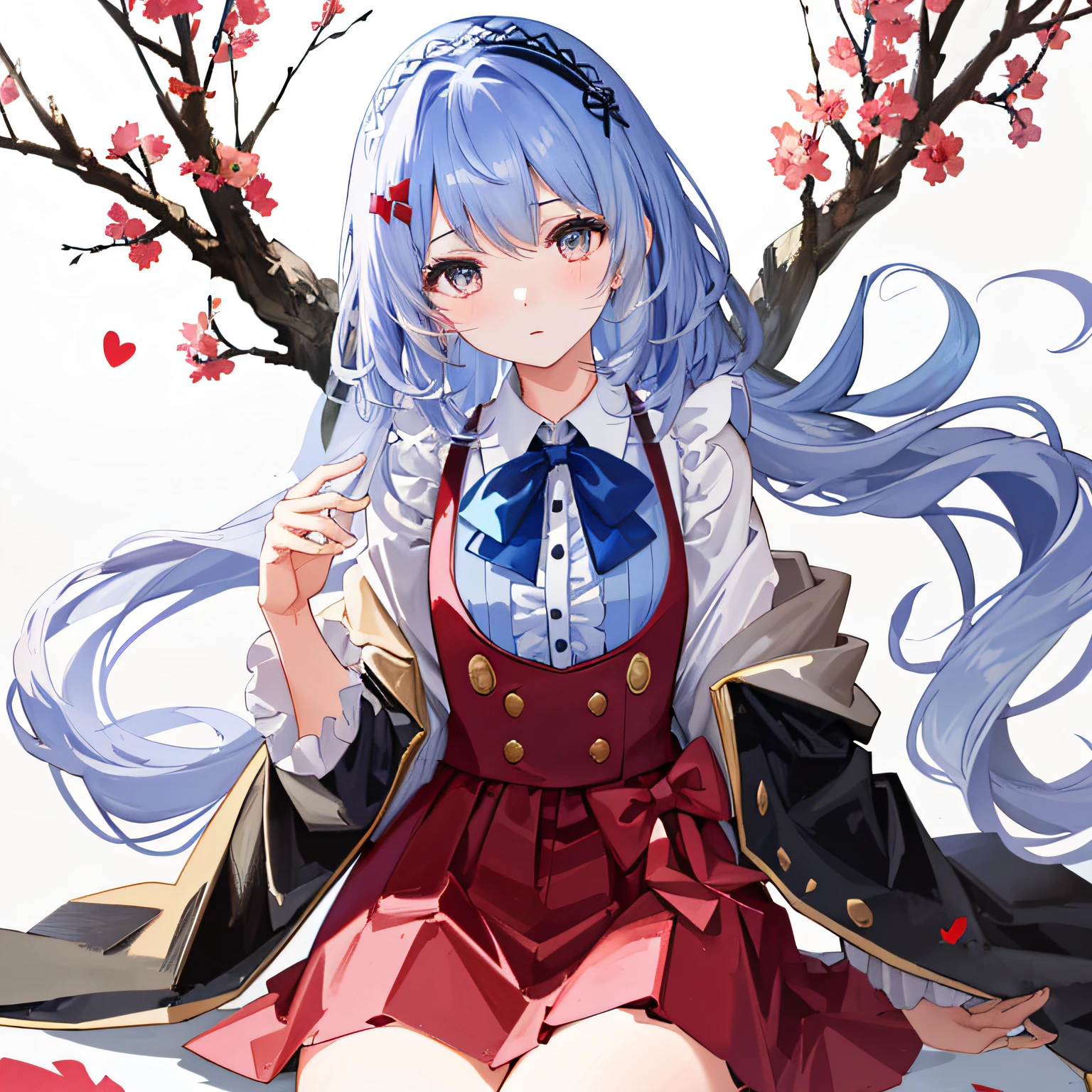Tsundere、quadratic element、Small li、with short black hair、Bright eyes、Small round face、upturned eyebrows、Fair and smooth skin。 Sweet、Lolita style、Puffy skirt、Lace、Bow knot、The color is bright、Cute style、In pink、blue colors、red colour、lace legwear、tigh-high boots、Cute accessories、Bow hairpins、neck chain、bangle、school ground、Anime Carnival。Falling streamers and debris,a sense of atmosphere。absurderes, A high resolution, Ultra detailed, elegant flourishes, and a sense of craftsmanship and skill,。Anime girl in maid costume sitting on a branch, Beautiful anime girl, seductive anime girls, cute anime waifu in a nice dress, pretty anime girl, attractive anime girls, Cute anime girl, beautiful and seductive anime woman, (Anime girl), Anime girl, Kawasi, Guweiz in Pixiv ArtStation, Extremely detailed Artgerm