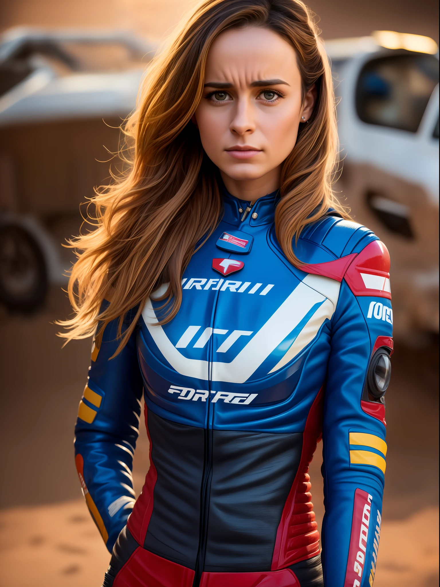 Retrato de uma mulher bonita, jovem de 35 anos, (traje de motoqueira), Autorretrato realista, 8k UHD, DSLR, grain of film, Pintura fotorrealista, Arte MidJourney, inspirado em Brie Larson de velozes e furiosos 10.